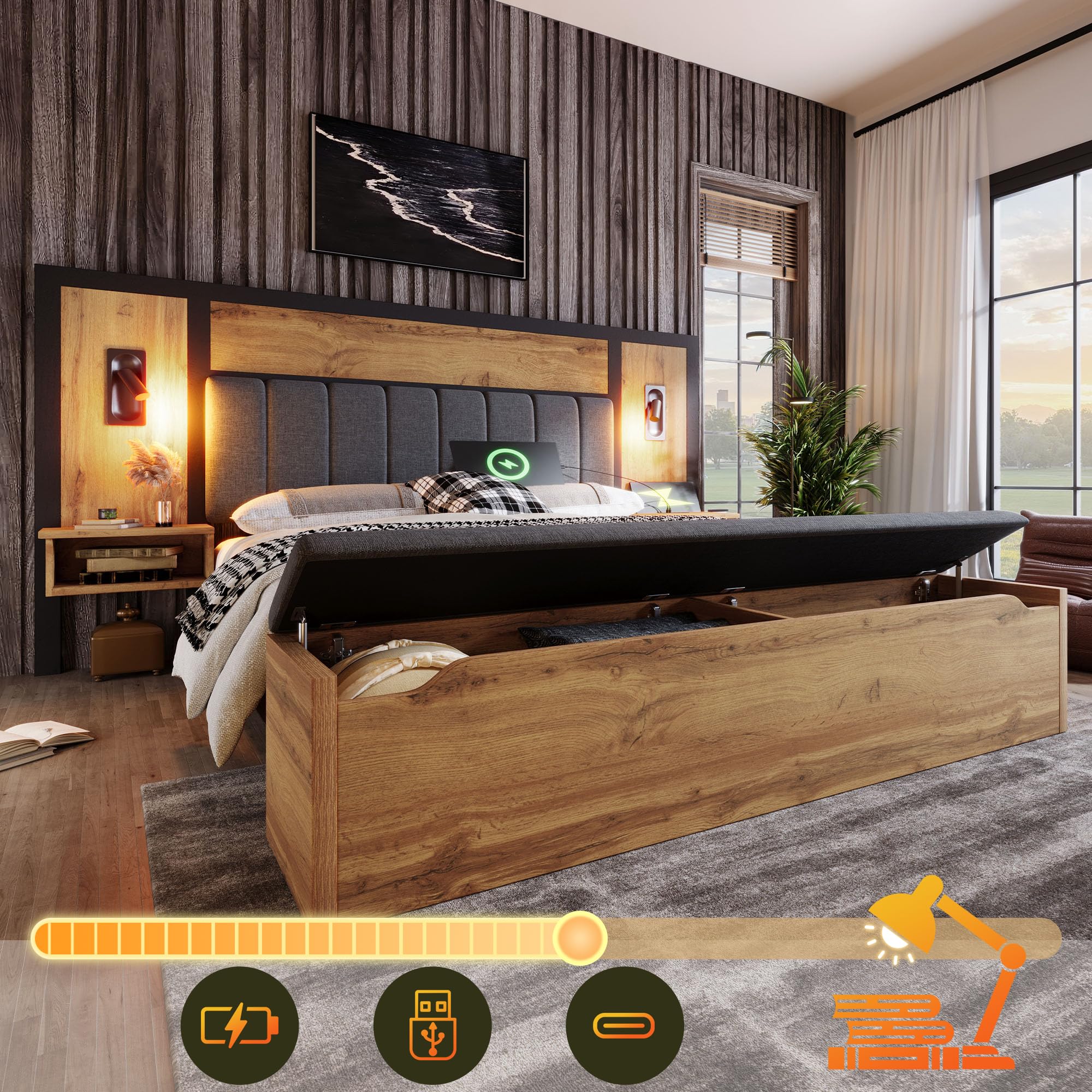Kebnor Letto matrimoniale imbottito, letto con lampada da lettura e comodino USB C e panca con vano portaoggetti, struttura del letto con rete a doghe in metallo, legno e lino, rovere (senza materasso