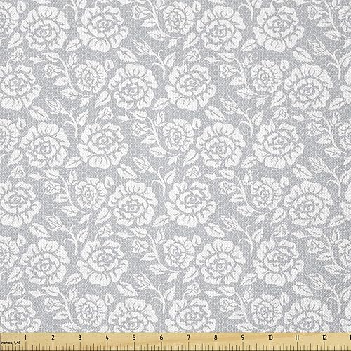 Ambesonne Tela gris de The Yard, estampado de capullos florales y hojas, estilo campestre inglés, impresión de encaje victoriano, tela de punto