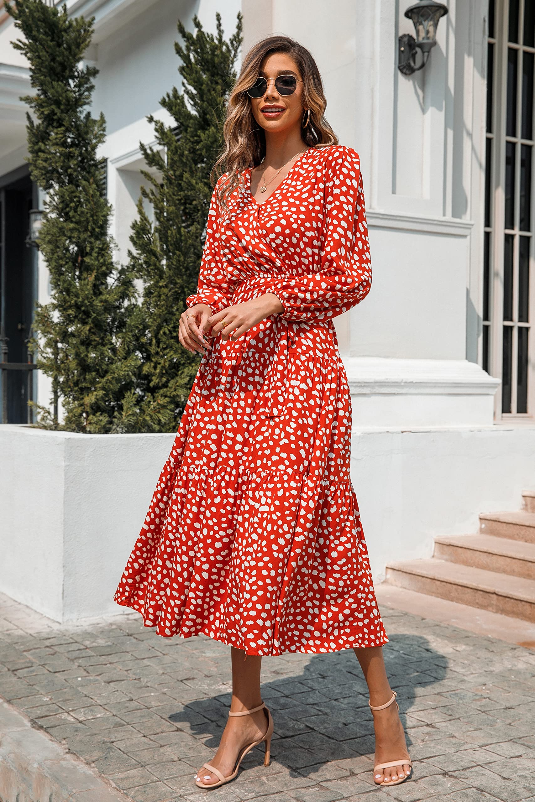 R.Vivimos Women's Fall Long Sleeve Casual Dresses Wrap V Neck Polka Dots Tiered Ruffle Flowy Midi Dress with Belt