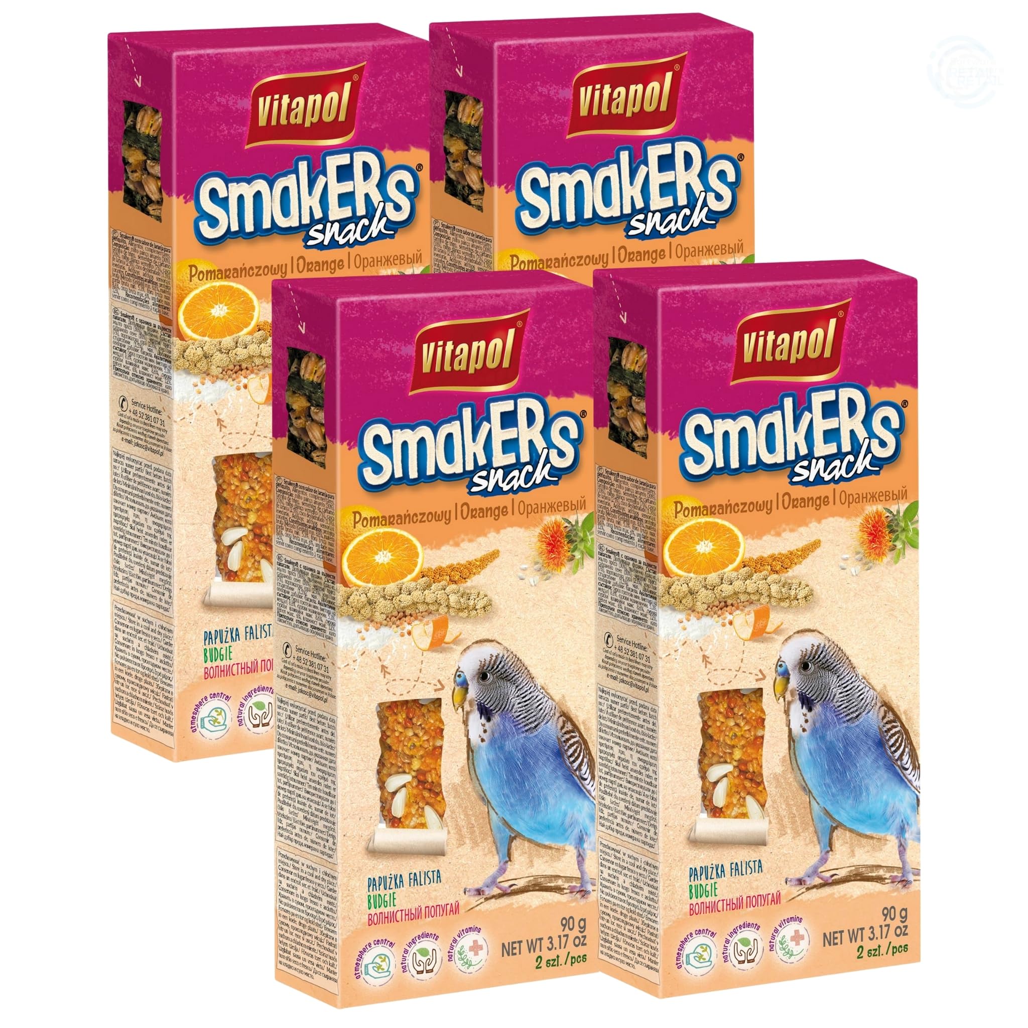 Vitapol Smakers® Parrot Treat Sticks – Variety of Snacks for Budgies, Cockatiels & Large Parrots | Natural Fruit, Egg, Honey, Seed | Vitamin-Rich Snacks, Health & Plumage Support (Orange, 540g)