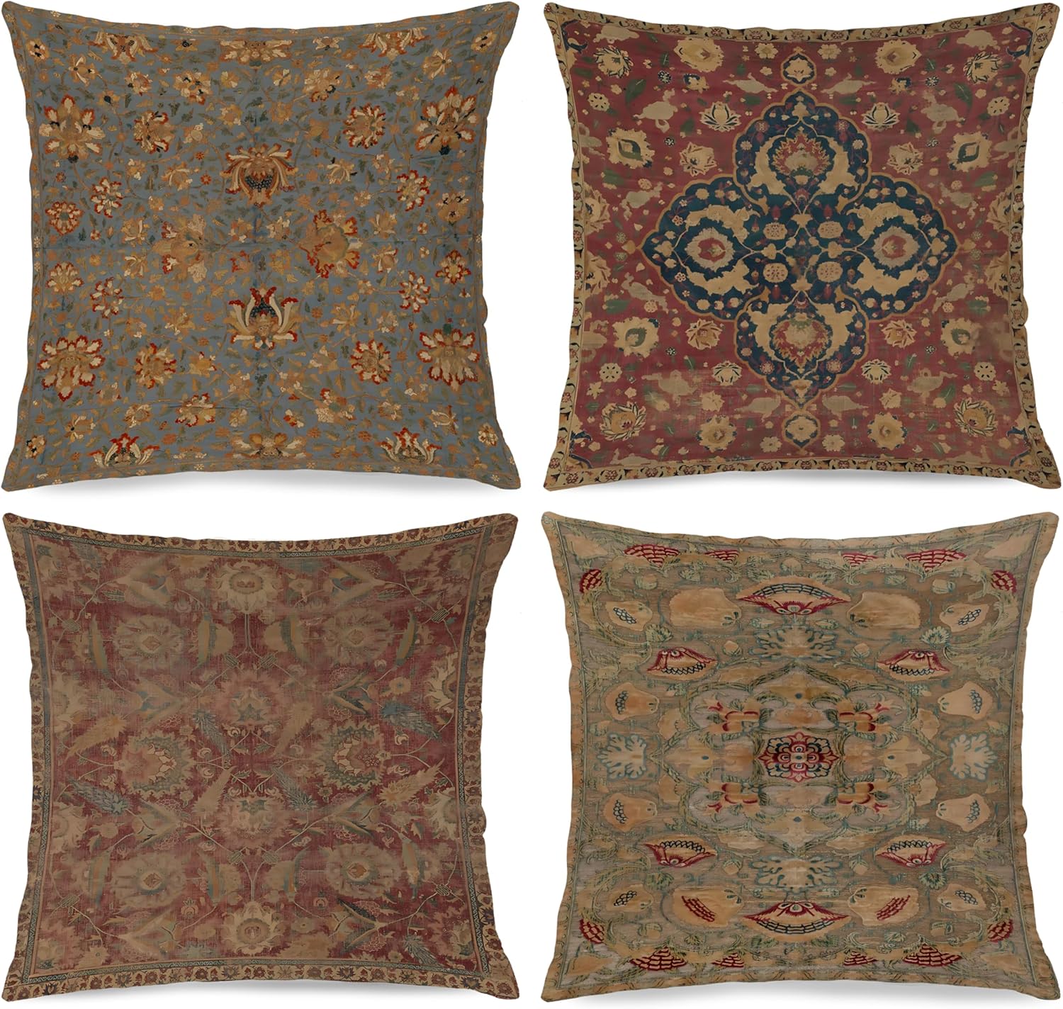 Vintage Oriental Boho Floral Pillow Covers 18x18 Double-Sided, Antique Moroccan Rustic Flower Botanical Decorative Throw Pillow Covers for Home Bedroom Living Room, Set of 4