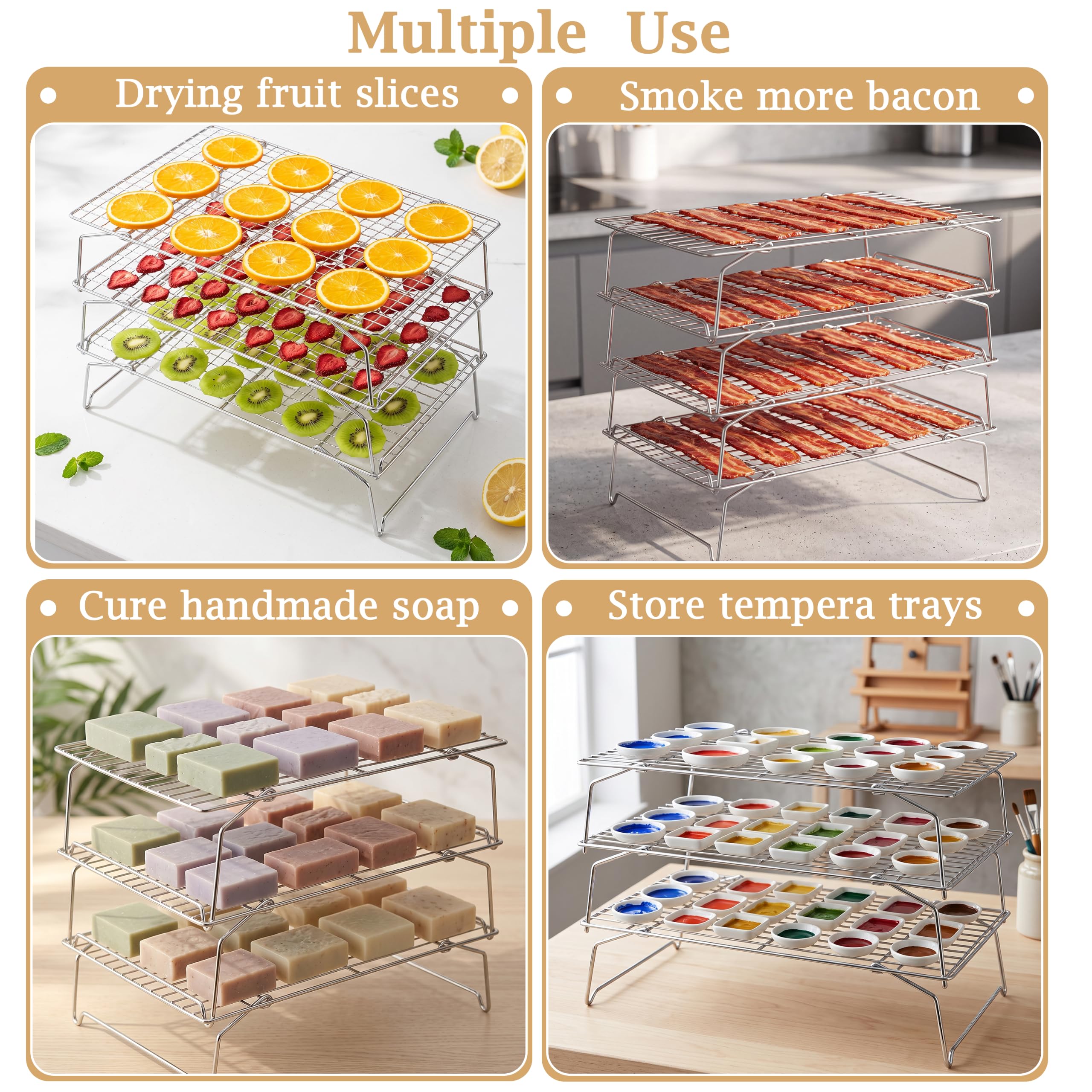 LIANYU Abkühlgitter 38,1 x 25,4 cm, 4-stöckig, stapelbar und zusammenklappbar, Edelstahl-Backdraht-Gestelle zum Kochen, Backen, Braten, Trocknen, ofen- und spülmaschinenfest, silberfarben