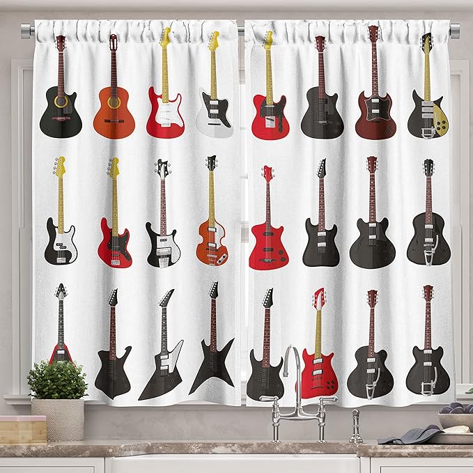 Ambesonne Guitar Kitchen Curtains, Musical Instruments Set