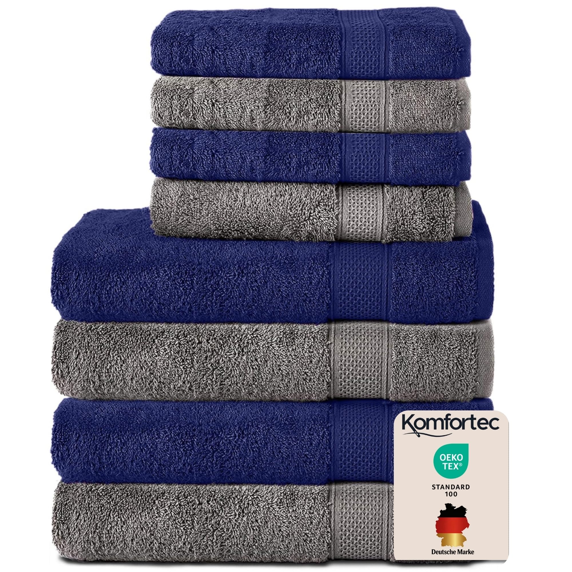 Komfortec Juego de 8 Toallas 100% Algodón – 4 Toallas de Baño 70 x 140 cm y 4 Toallas de Lavabo 50 x 100 cm – Juego de Toallas Suaves y Absorbentes – Antracita/Azul Marino