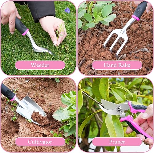 Miniatura 5 de HLWDFLZ Juego de herramientas de jardín rosa para mujeres - 24 piezas de herramientas de jardín resistentes con bolsa de almacenamiento desmontable,