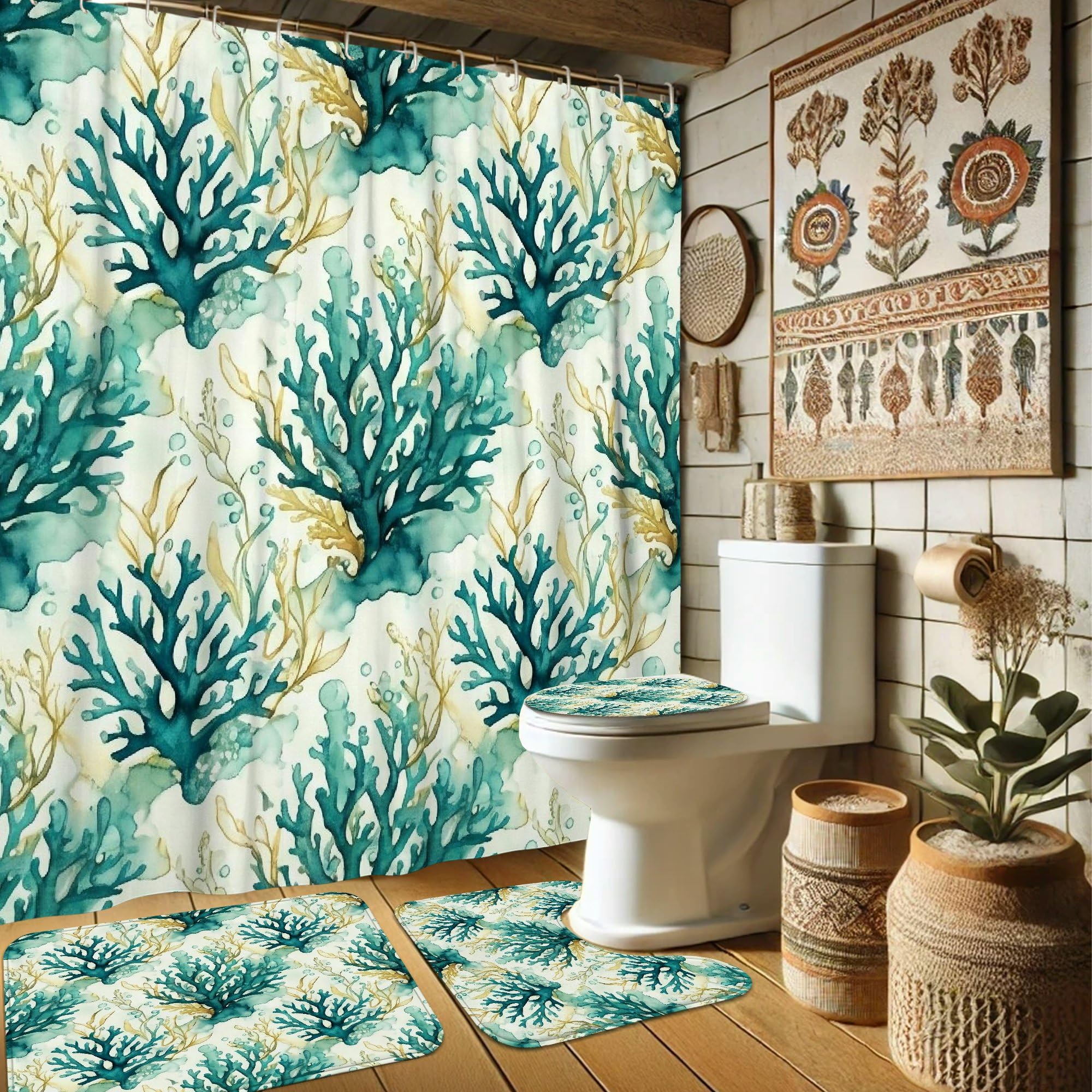 Ensemble rideau de douche anti-moisissure bleu sarcelle et tapis pour sol sec et propre