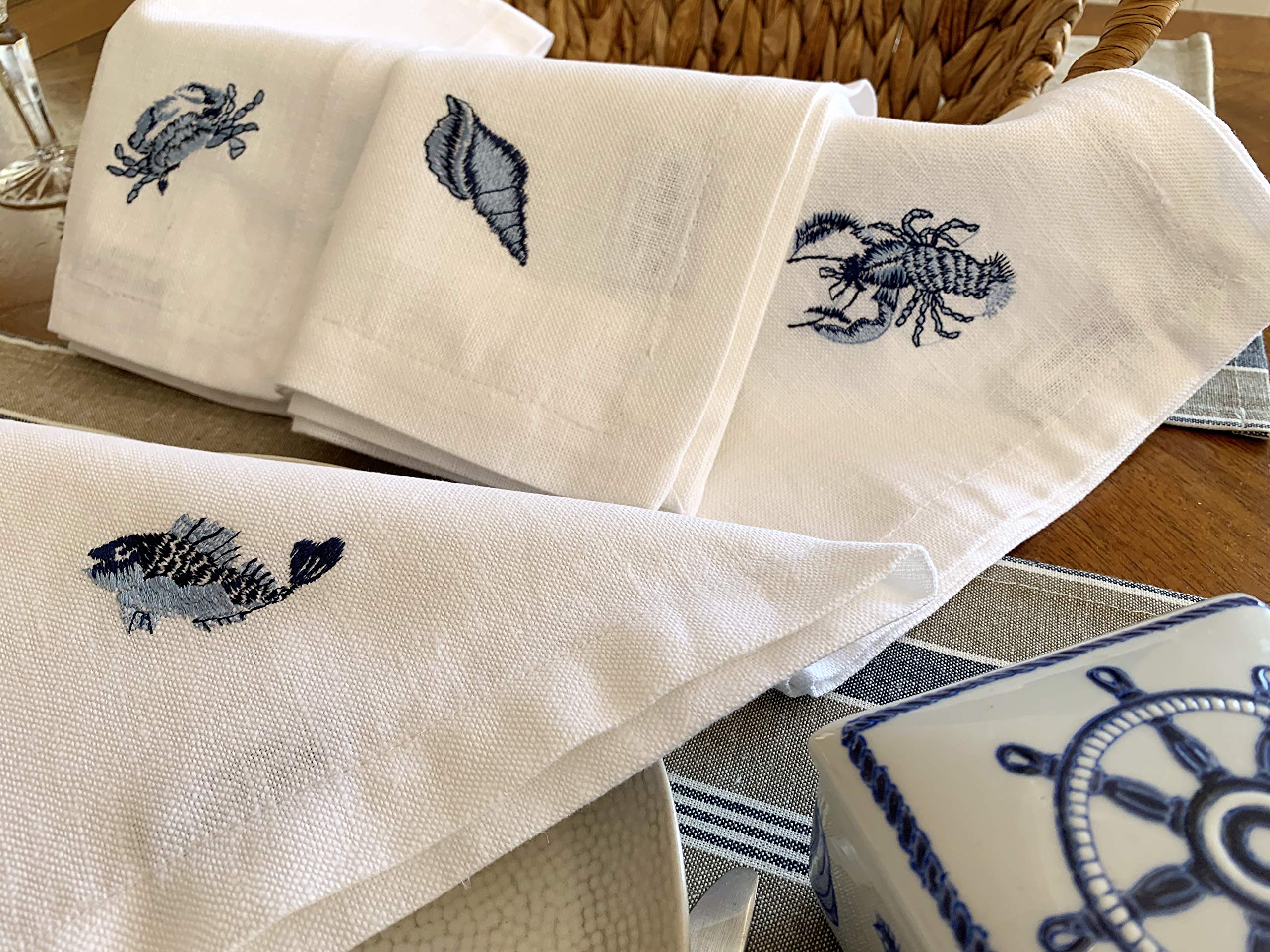 White Linen Dinner Napkins - 100% Linen Cloth - Fully Hemmed with Mitered Corners - Washable - Pack of 4 (Nautical Marine Embroidered)