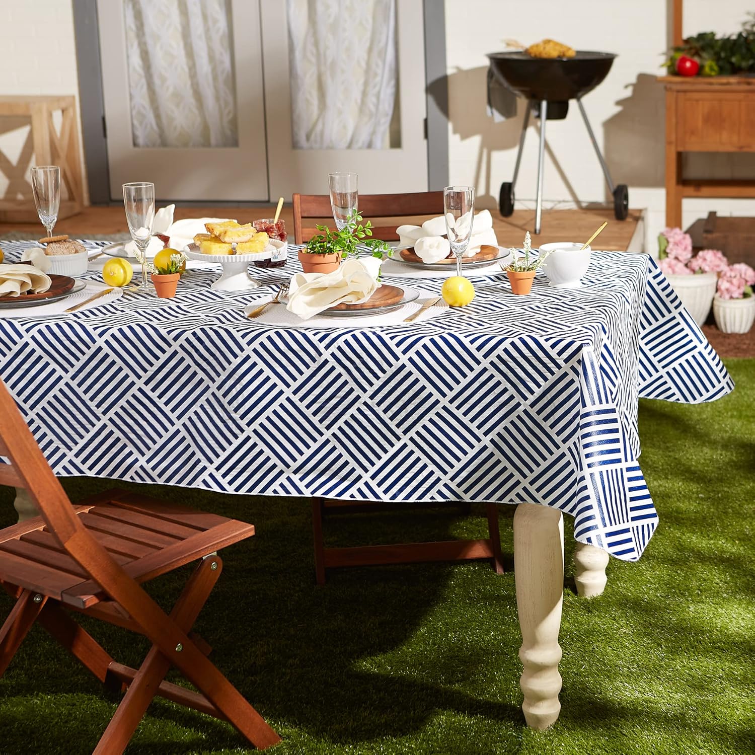 Navy and White Vinyl Round Tablecloth with Flannel Backing