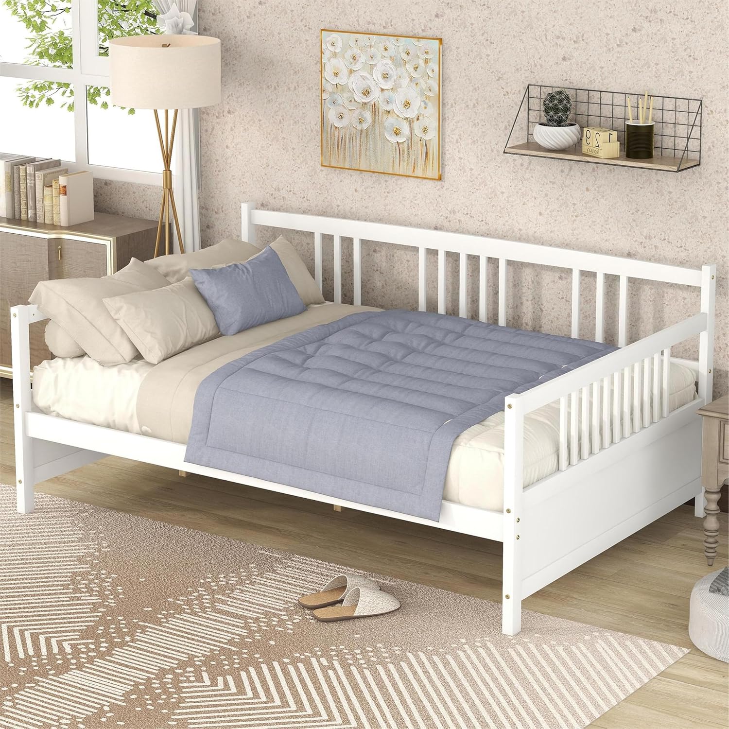 Merax Wood Full Daybed, Wooden Sofa Bed Guest Bed with Rails & Wood Slat Support, Dual-use Full Size Platform Bed Frame for Living Room Bedroom, No Box Spring Needed, Full Size, White