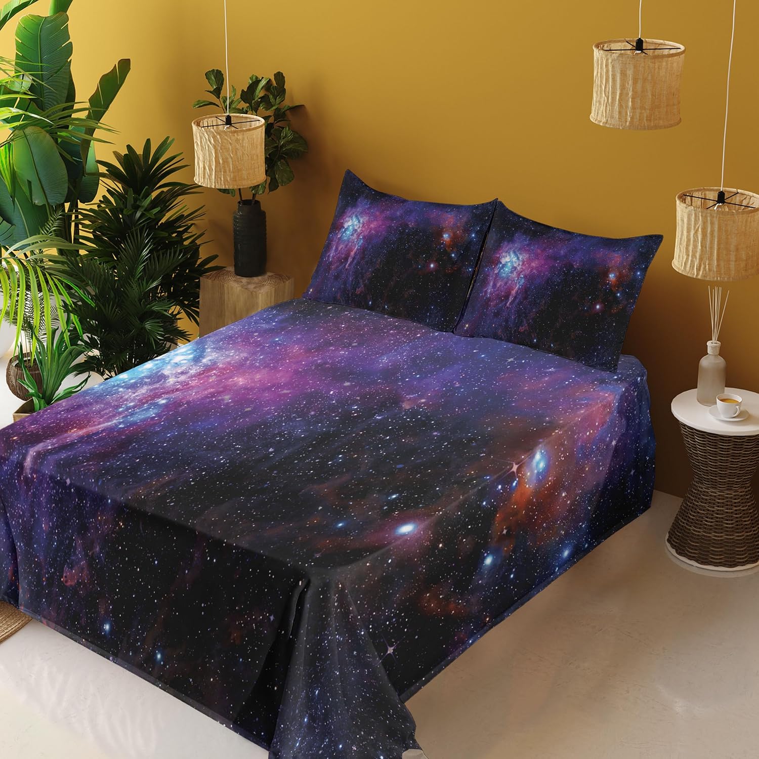 Ambesonne Galaxy Sheet Set, Starry Night Nebula Cloud Celestial Theme Image Space Art Elements Print, Fitted and Flat Sheet with Pillowcases Bedding Accent 4 Piece Set, Full, Black Purple