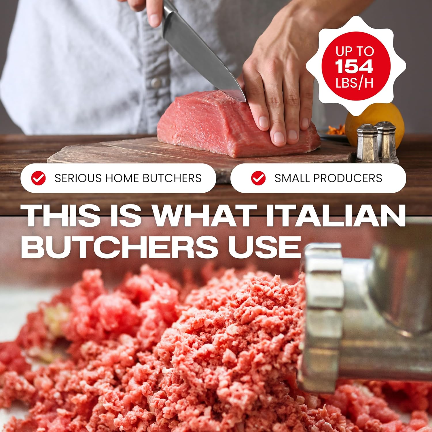 Reber Electric Meat Grinder N.8 450W – Meat Mincer and Sausage Maker – Tinned Cast Iron Body, Stainless Steel Knife and Plate – Induction Motor for Continuous Use – Made in Italy