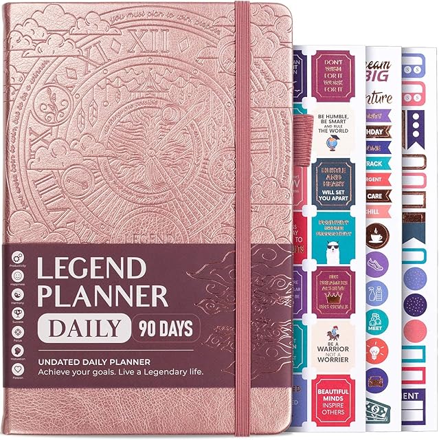 Legend Planner Daily for 3 Months Undated Deluxe Monthly Weekly & Daily Planner to Hit Your Goals & Live Happier. Organizer Notebook & Productivity Journal. A5 Hardcover + Stickers Rose Gold