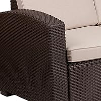 Vista 8 de Flash Furniture Seneca - Sofá de ratán sintético marrón chocolate con cojines beige para todo tipo de clima