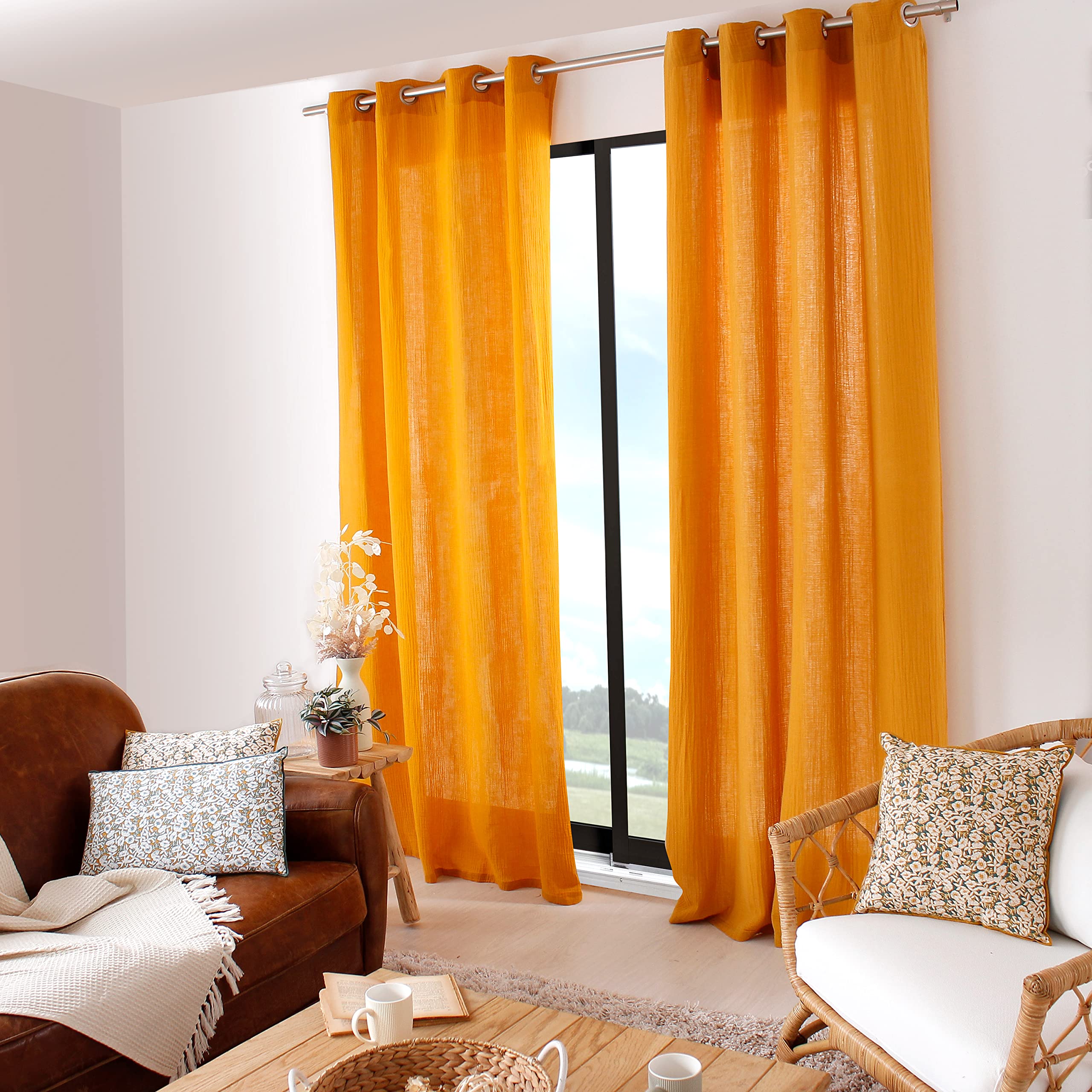 ED ENJOY HOME - Cotton Curtain - 140 x 240 cm - Mustard - Cottage Collection - Ready to Hang - Washable at 30° - For All Rooms - Home Textiles - Curtains