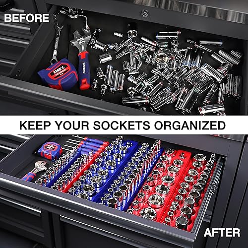 Miniatura 6 de WORKPRO Organizador Magnético de Dados, Soporte de Dados SAE de 38 Pulgadas, Bandejas de Dados que Sostienen 26 Piezas de Dados de Tamaño Estándar y