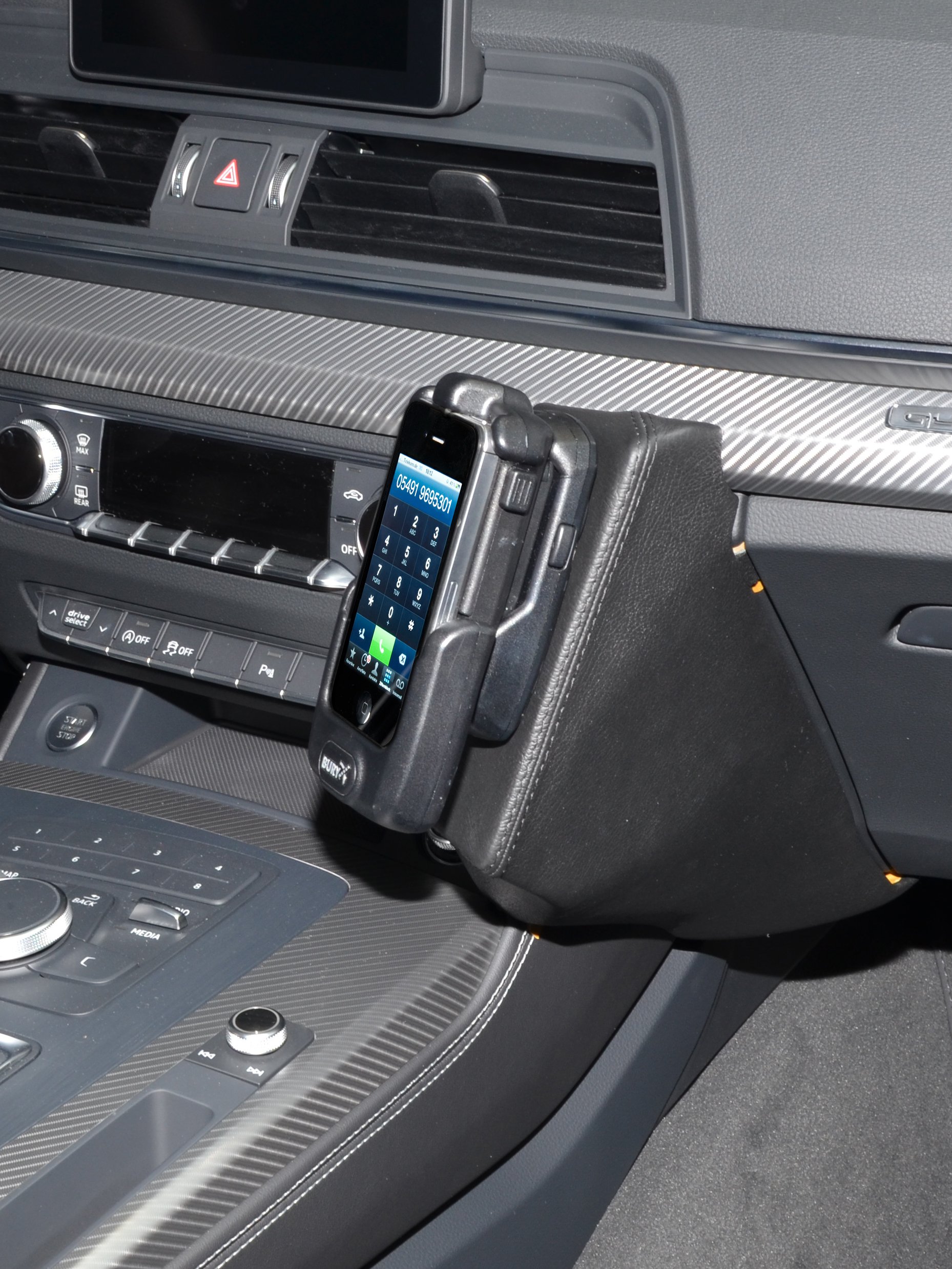 KUDA Handyhalterung passend für Audi Q5 ab 2016 - Telefonkonsole für Smartphones, Handys, Navi und mehr – Kunstlederkonsole, schwarz, 2655