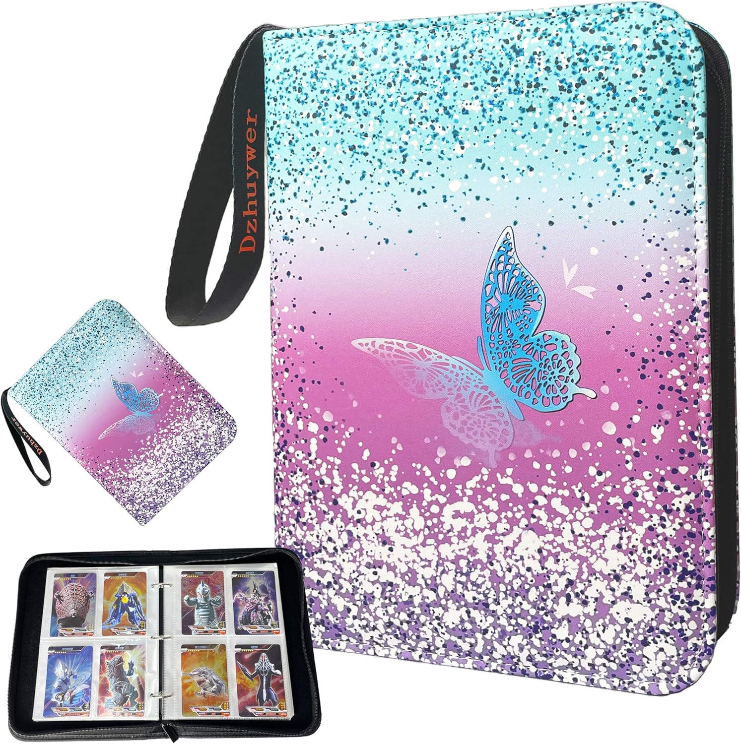 Trading Card Binder for 4-Pocket 480 Cards with 60 Removable Sleeves with Protection Zipper Easy Carrying Wristband, Portable Trading Card Albums for Boys Girls Gifts, Pink Blue Butterfly