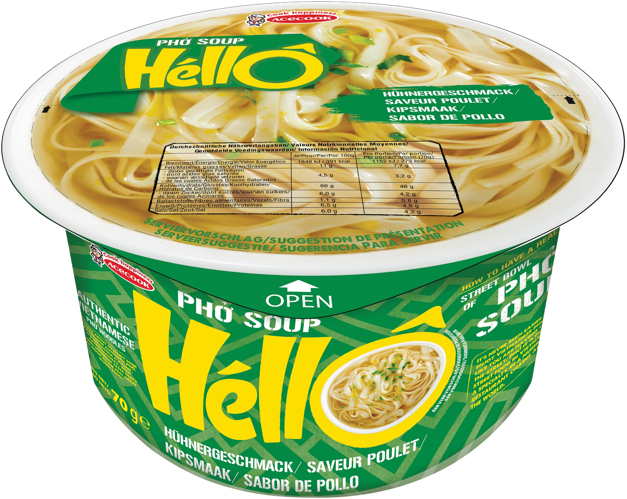 HELLO PHO Fideos instantáneos de arroz, pollo, sin gluten 1 x 70 g