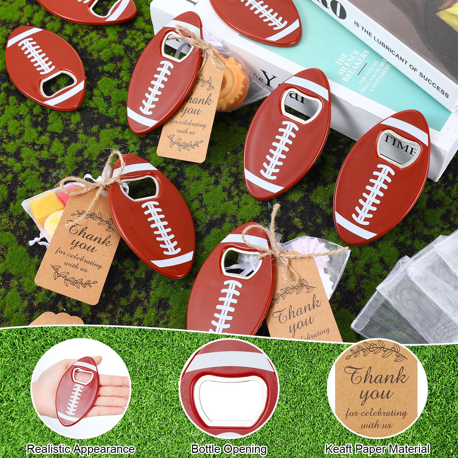 Layhit 48 Sets American Football Flaschenöffner mit Organza-Beuteln, Dankeschön-Etiketten, Fußball-Flaschenöffner, lustige Geschenke für Männer und Frauen, Sportbegeisterte, Studenten,