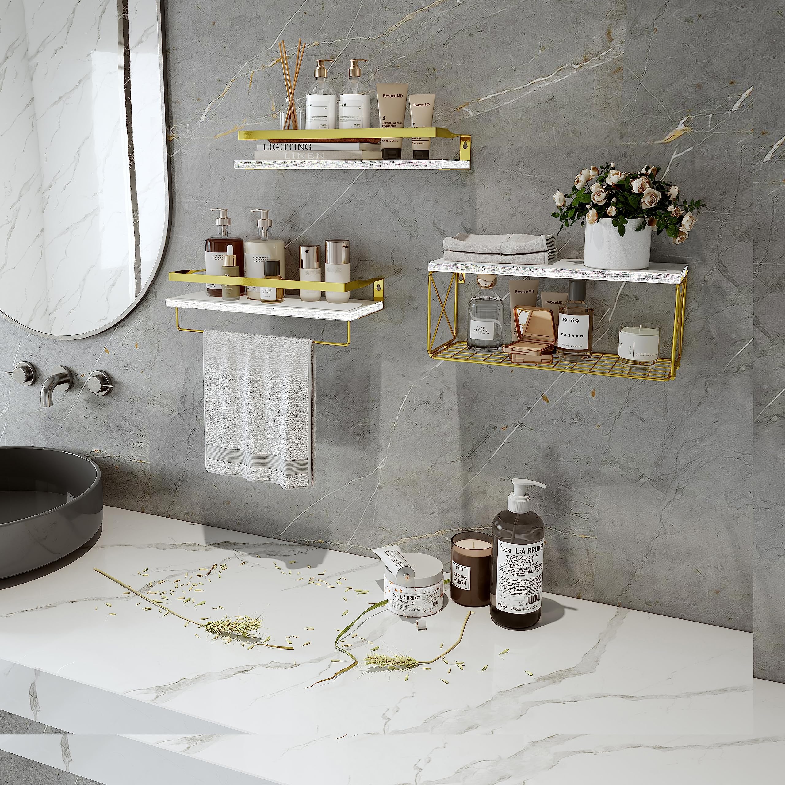 Hoiicco Bathroom Shelves with Wire Storage Basket, Floating Shelves Over Toilet with Protective Metal Guardrail, Wall Shelves for Bedroom, Living Room, Kitchen and Bathroom Toilet Paper