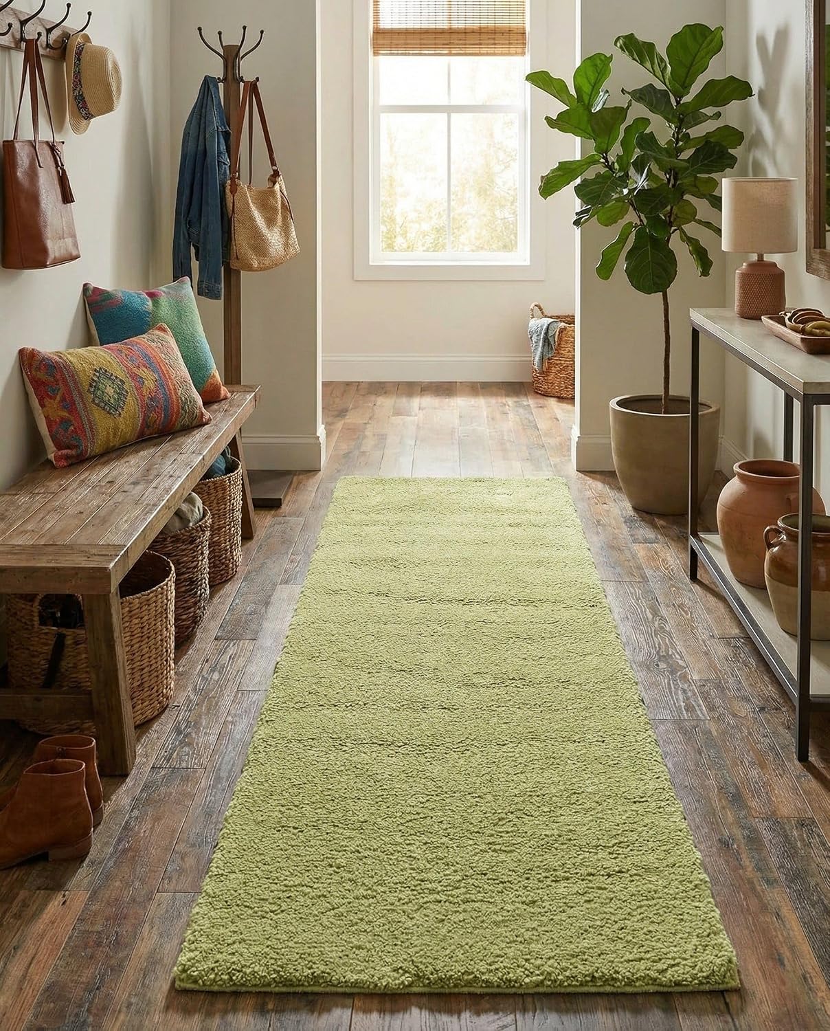 Rugs.com - Solid Frieze Rug – 7 Ft Runner Light Green Textured Shag Runner Ideal for Hallways, Entryways, and Kids' Rooms