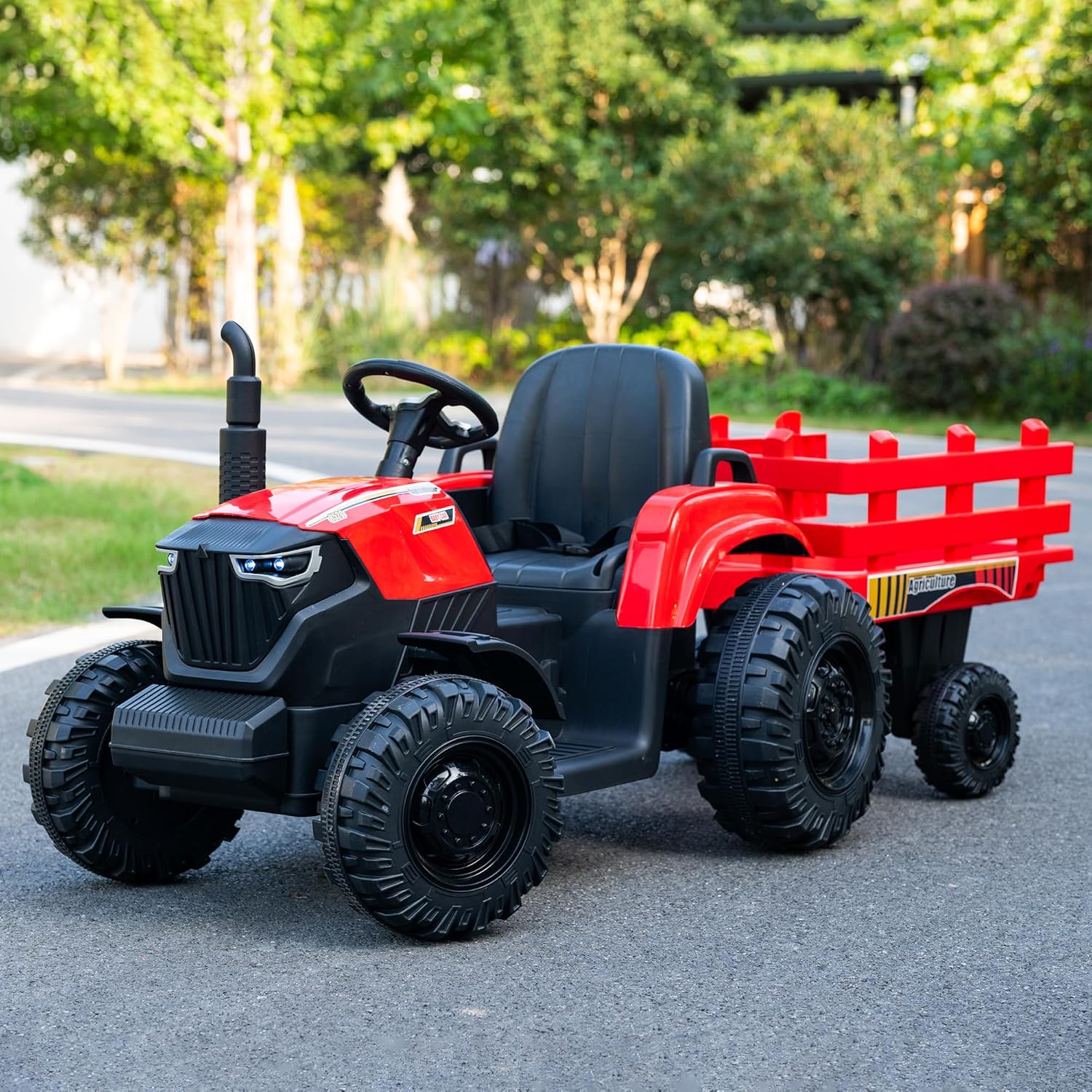 24V Kids Ride-On Tractor with Trailer, 400W Electric Farm Truck with Remote & Pedal Control, Headlights, USB MP3, Power Display, Adjustable Speeds, Safety Belt, Ride-On Toy Gift, Red