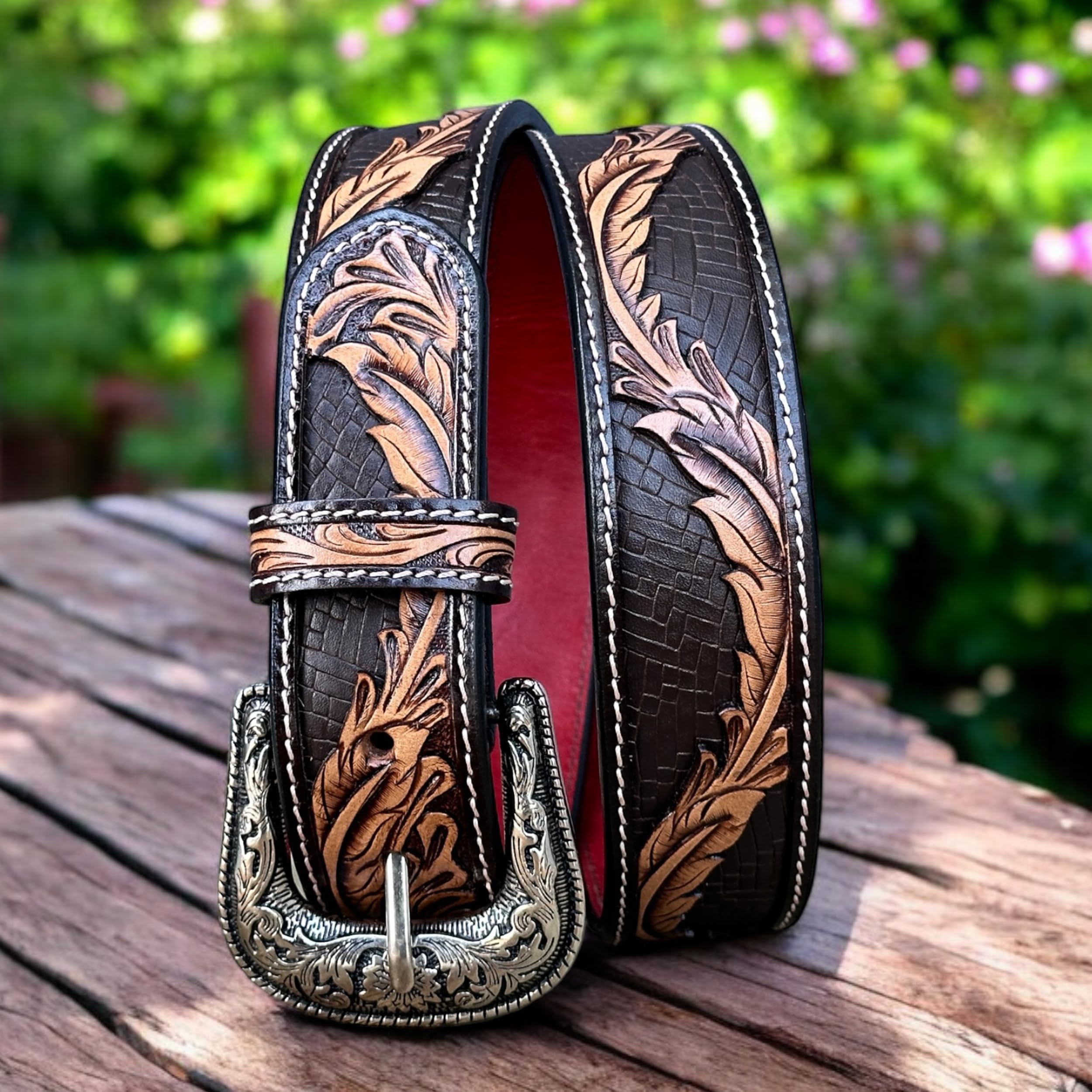 DANIEL'S ARTPLANET Western Leather Belt for Men Handmade Full Grain Cowboy Leather Belt 1.5” Wide Engraved Embossed Tooled