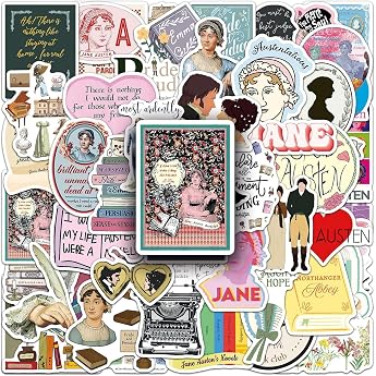 LYLSDSB Jane Austen Stickers Pack of 50 Waterproof Funny Novelist Stickers for Laptop Skateboard Luggage Scrapbook Motorcycle Computer Car Bicycle Vinyl Trendy Stickers for Teenagers Adults