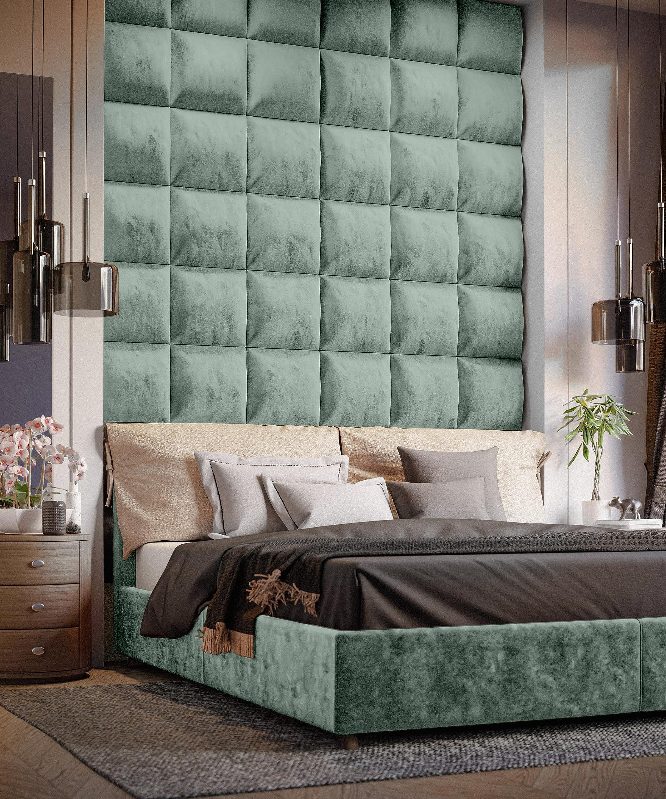 Cojín De Pared Terciopelo Muralo, Panel Acolchado Decorativo Menta 40x30 Cm - Moderno Y Lujoso