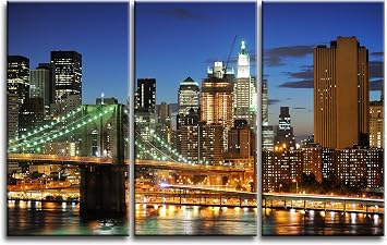 Niwo ART TM - New York Cityscape Picture On Canvas - Giclee Wall Art for Home Decor, Gallery Wrapped, Stretched and Framed Ready to Hang 20"x12"x0.75", 3pcs