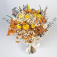 Handmade 14” Dried Flower Bouquet Orange & Yellow with Baby’s Breath Craspedia Eucalyptus Boho Rustic Home Decor Wedding Centerpiece Gift