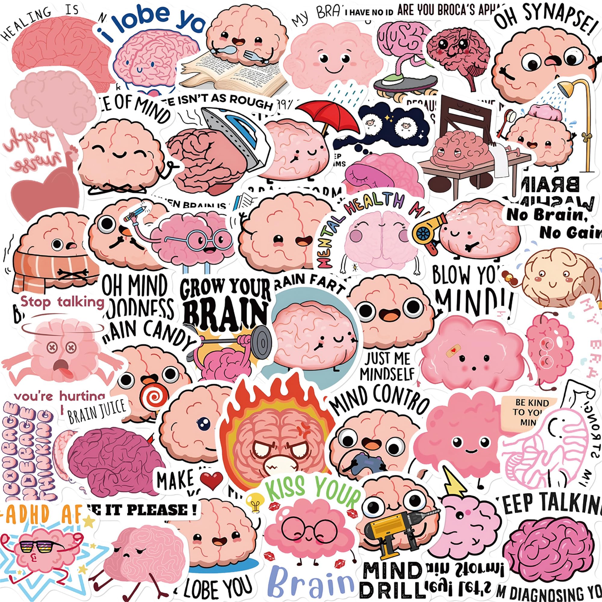 Cute Cartoon Brain Stickers,50PCs,Mind Laptop Decals Gift Toddlers Teens Girls Cute Cool Kawaii Tools Decorations DIY,Stickers for Hydro Flask