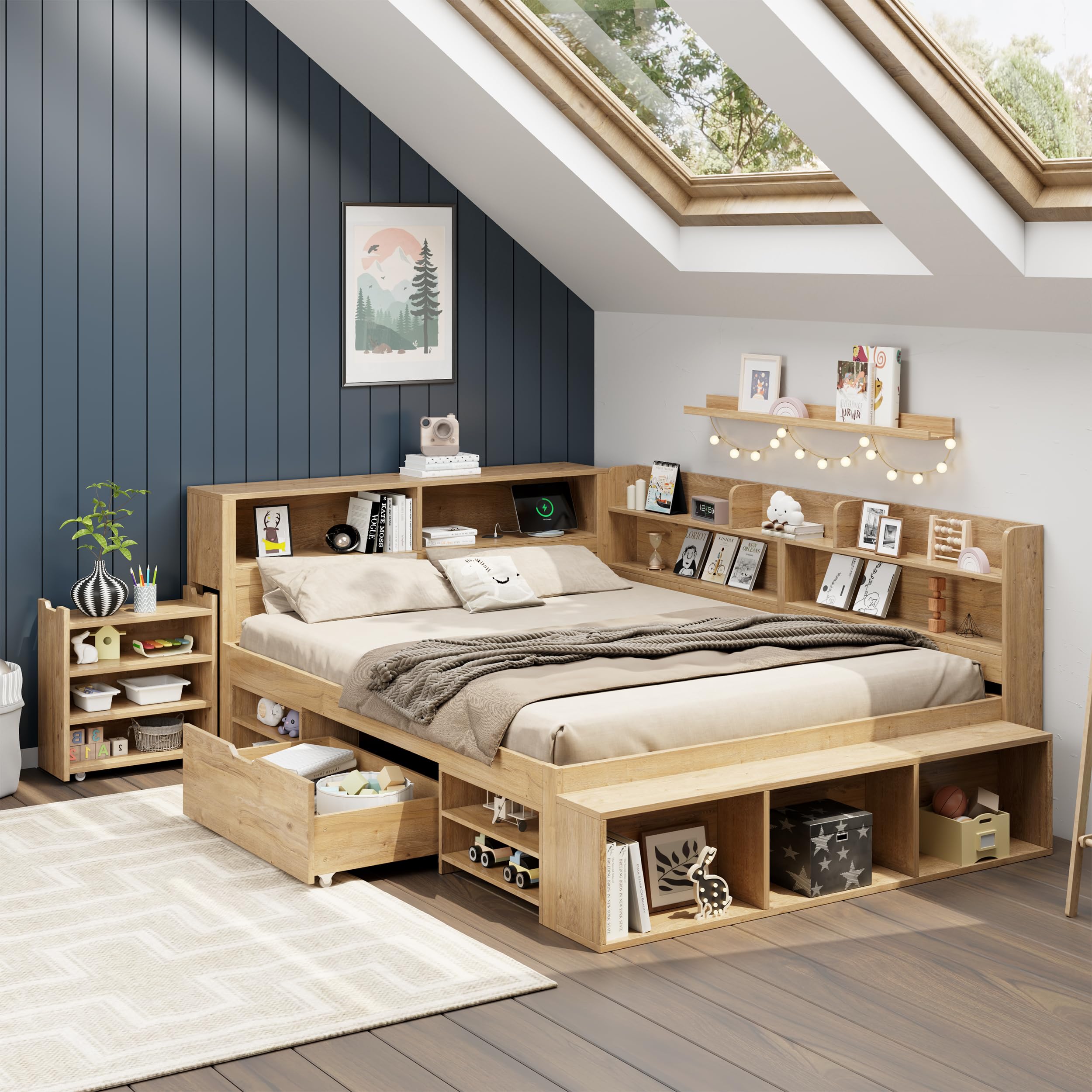 Sapgaks Lit Coffre en Bois Massif 140 x 200 cm,Lit Enfant Simple,Cadre de lit Enfant avec Rangement,Multifonctionnel avec Tables de Chevet, étagères et armoires de Rangement,avec Chargement sans Fil
