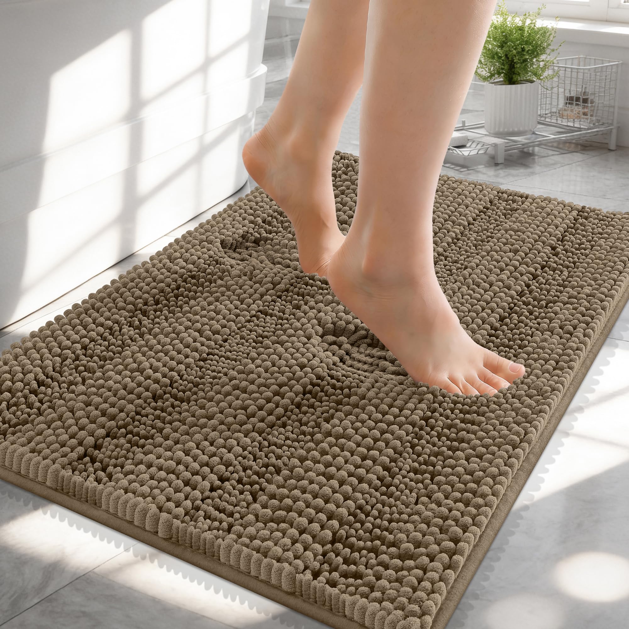 OLANLY Thick Small Bathroom Rugs 24x16, Soft Chenille Bath Rugs, Tan