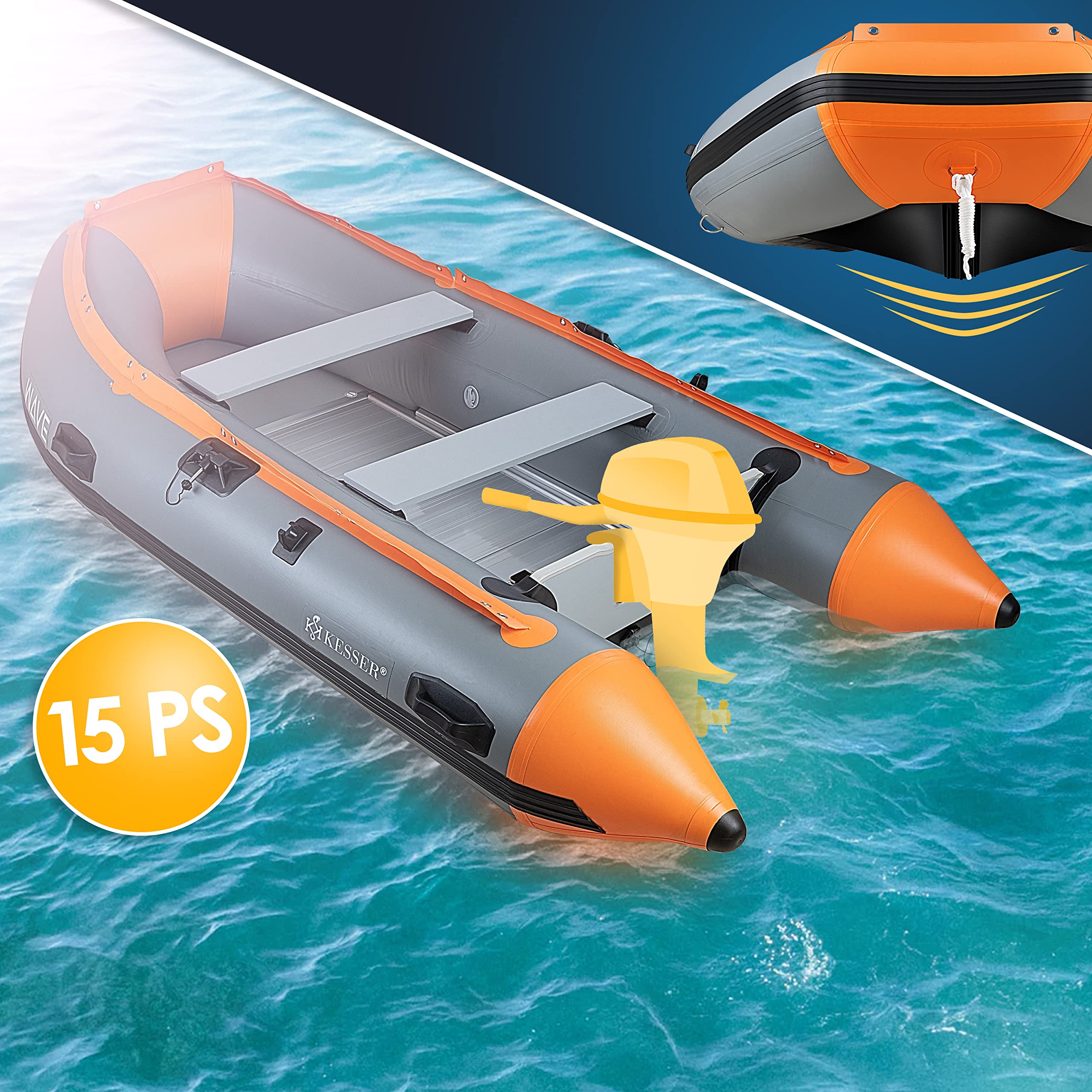 KESSER® Embarcación neumática de 3,20 m para 4 Personas, PVC, Apta para Motor de Olas, con 2 Bancos, Suelo de Aluminio, Remo, Bomba, Kit de Reparación, Bolsa, Hinchable