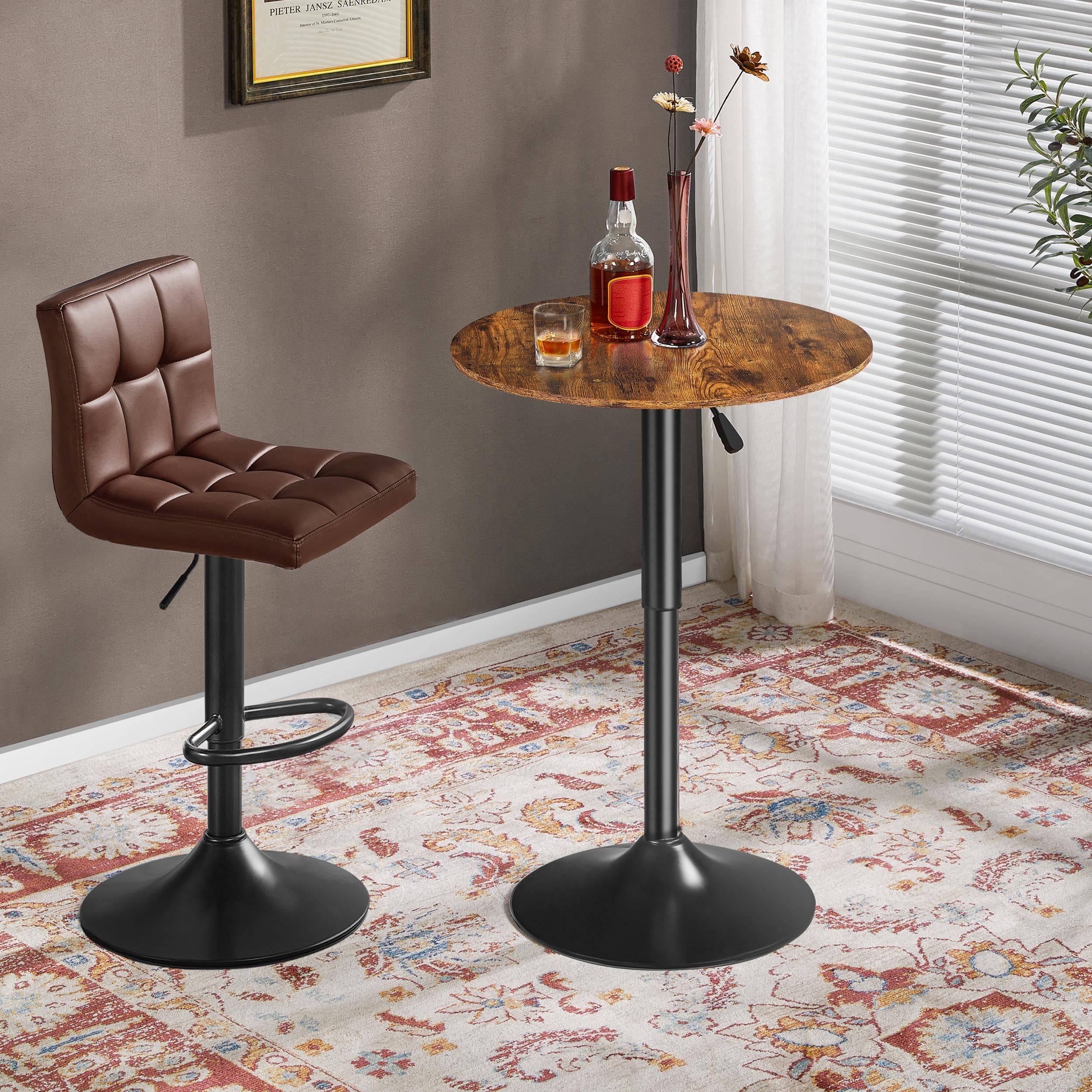 Yaheetech Table de Bar Ronde Haute Cuisine Mange-Debout avec Plateau en Bois MDF Réglable en Hauteur Pivotante à 360° pour Bistro Salon Salle à Manger Terrasse Café Brun Rustique
