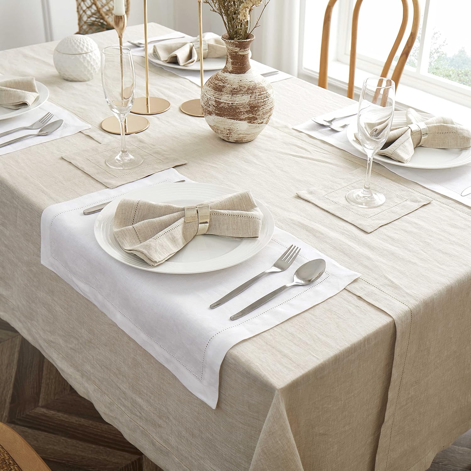 Table Cloth Placemats Linen Hemstitch - 14 x 19 Inch Set of 4 Natural
