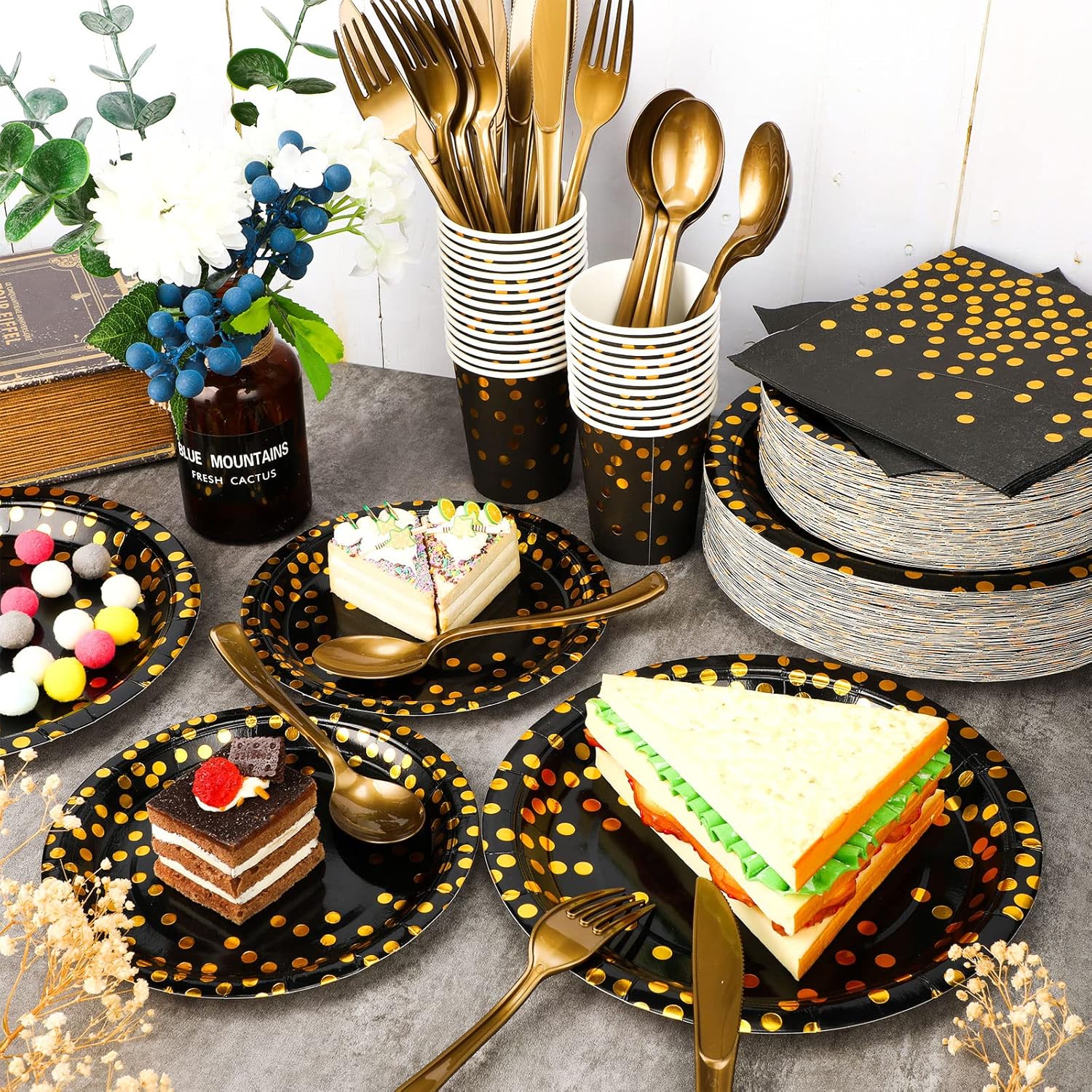Sieral 560 Pcs Black and Gold Party Supplies for 80 Guests Golden Dot Tableware Kits Black Paper Plates Cups Napkins Gold Plastic Fork Knives Spoons for Birthday Retirement Graduation Party Decor