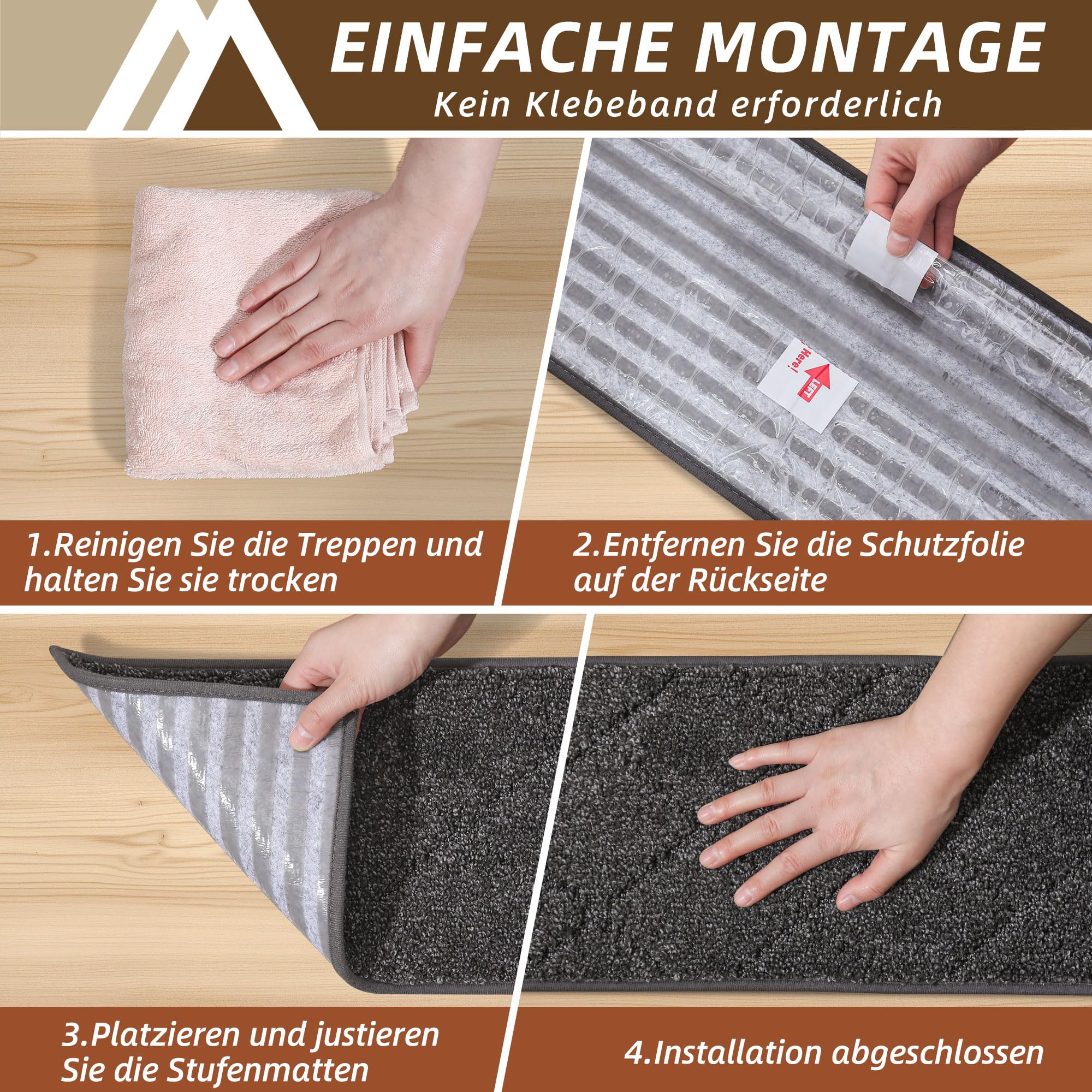 COSY HOMEER 15 Stück Treppenstufen Matten, 70 x 22 cm, Schwarz | Stufenmatten Selbstklebend, Rutschfest ohne Kleben, 100% Polyester, TPE-Rücken, waschbar, für Kinder, Senioren und Haustiere