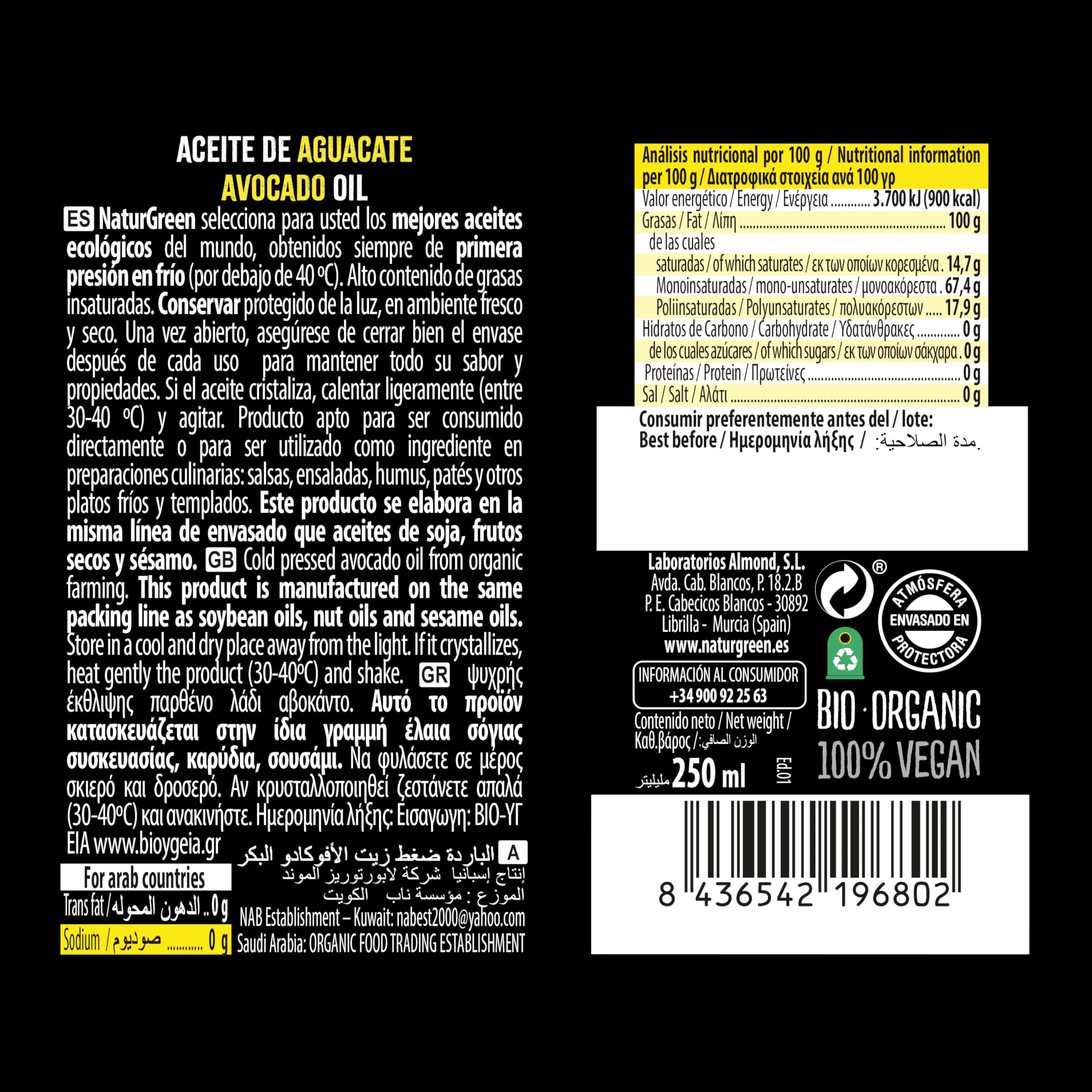 NaturGreen Aceite de Aguacate Bio 250 ml, Primera Presión en Frío, Rico en Ácidos Grasos Saludables