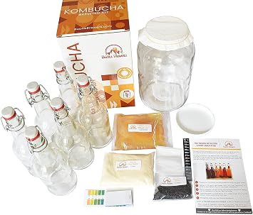 Deluxe Kombucha Starter Kit with Kombucha Cobby & Starter Tea, Full Kombucha Kit with Bottle, Swing Top Glass Bottle Kombucha Brewing Kit + 6 Kombucha Flavored Bottles Clear Bottle