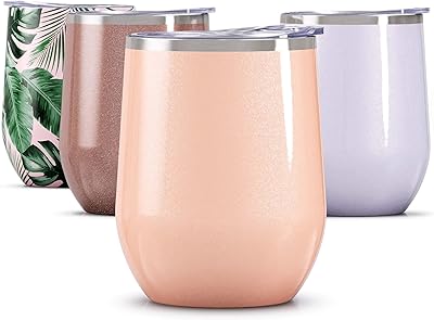 Maars Bev Steel Stemless Wine Glass Tumbler, 12 oz | Double Wall Vacuum Insulated - Glitter Blush