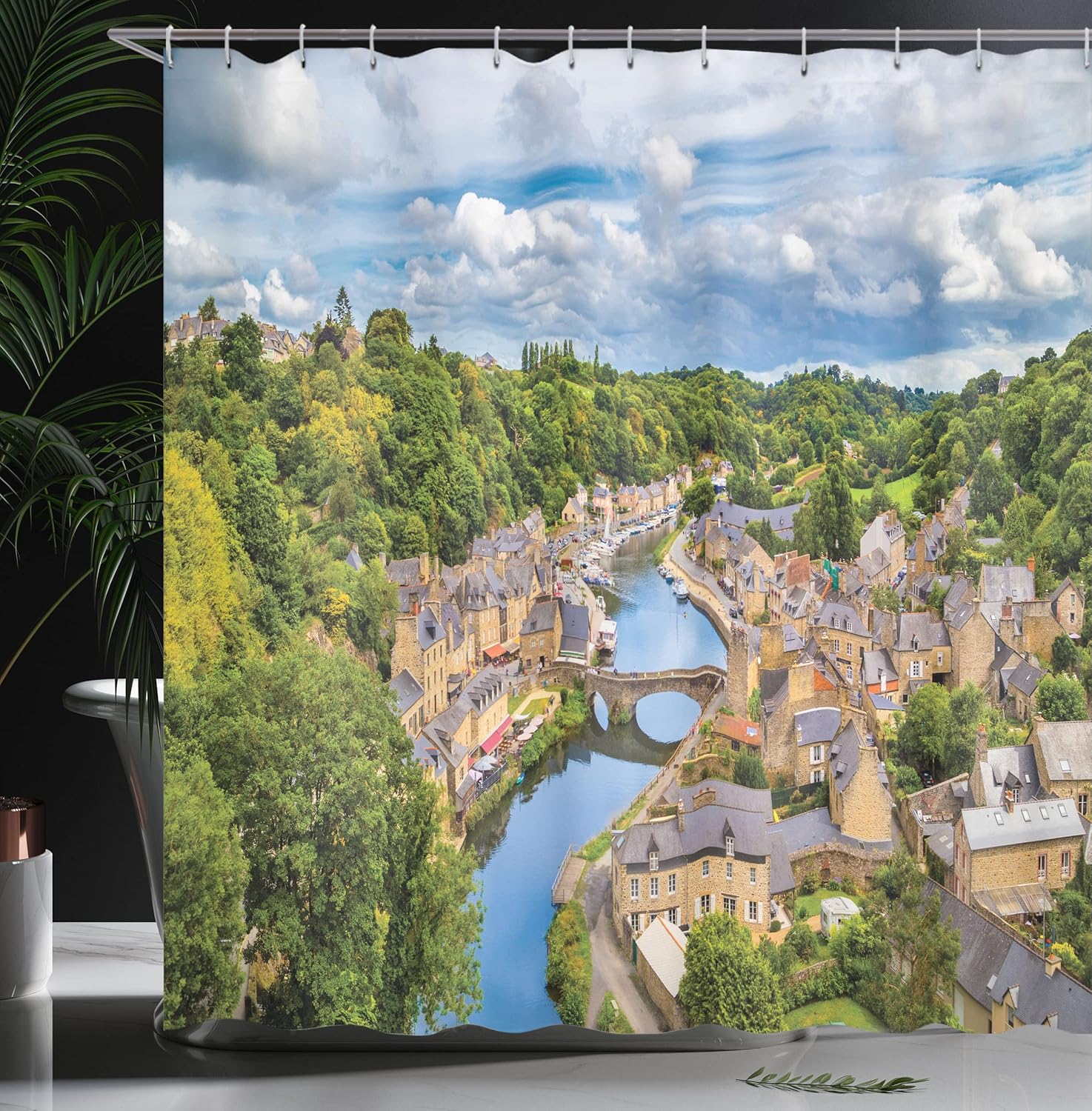 Ambesonne Scenery Shower Curtain, Clouds Over Town Dinan Rance River Northwestern France Landscape Print, Cloth Fabric Bathroom Decor Set with Hooks, 69" W x 75" L, Sand Brown and Green