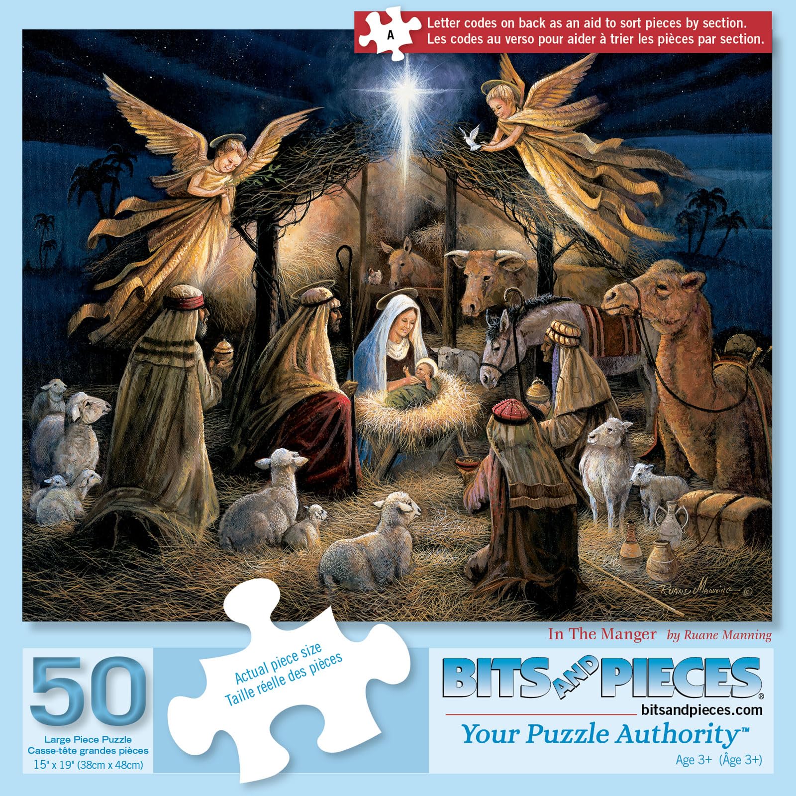Bits and Pieces – in The Manger Jigsaw Puzzle for Adults – Nativity Scene Christmas Puzzle by Artist Ruane Manning – Religious Puzzle with Mary, Joseph, and Baby Jesus (50 Piece Puzzle 15" x 19")