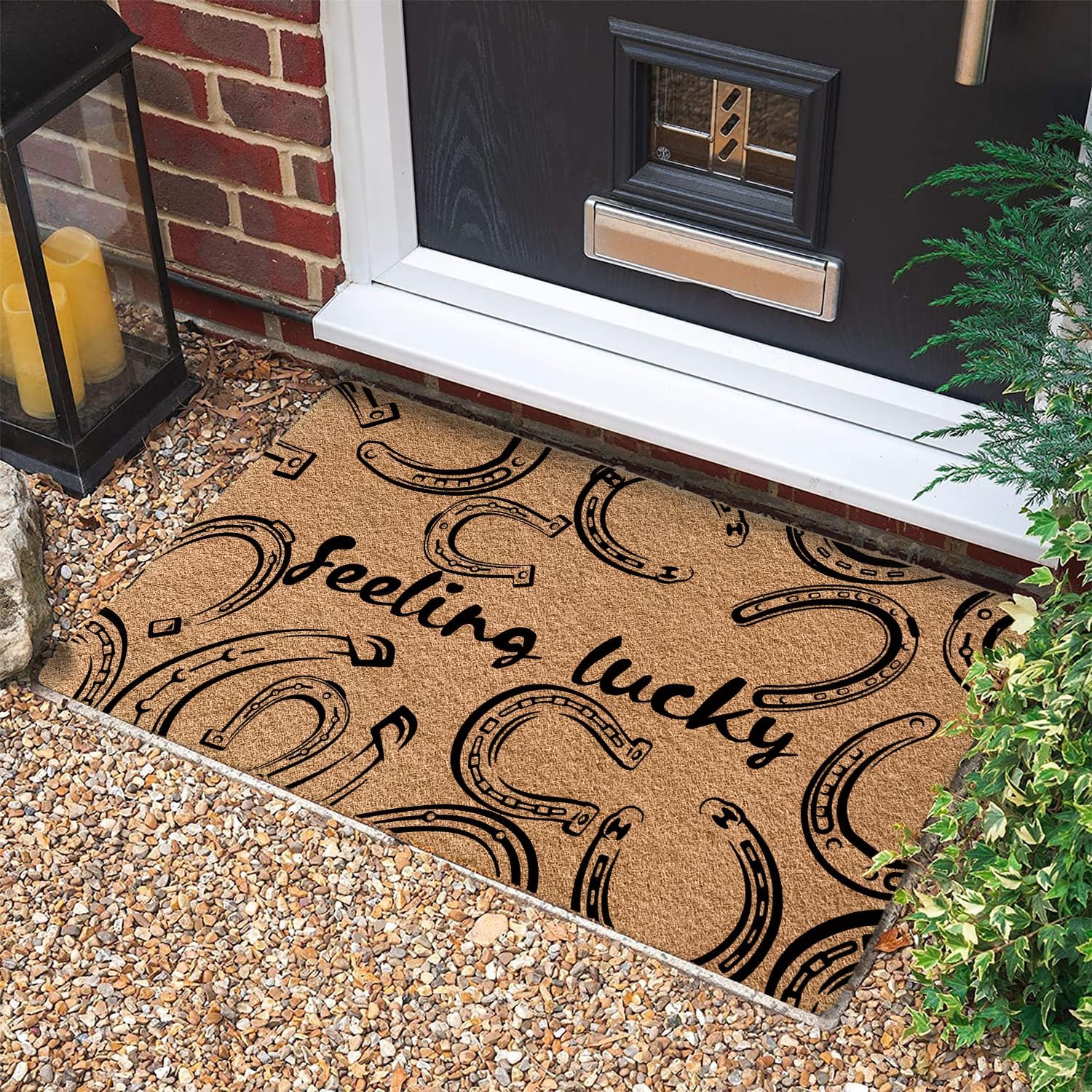 Funny Horseshoe Farmhouse Faux Coir Door Mats Outdoor Outside Entrance 17x30 Inch, Feeling Lucky Welcome Mats Entry Rug for Front Door Porch Entryway