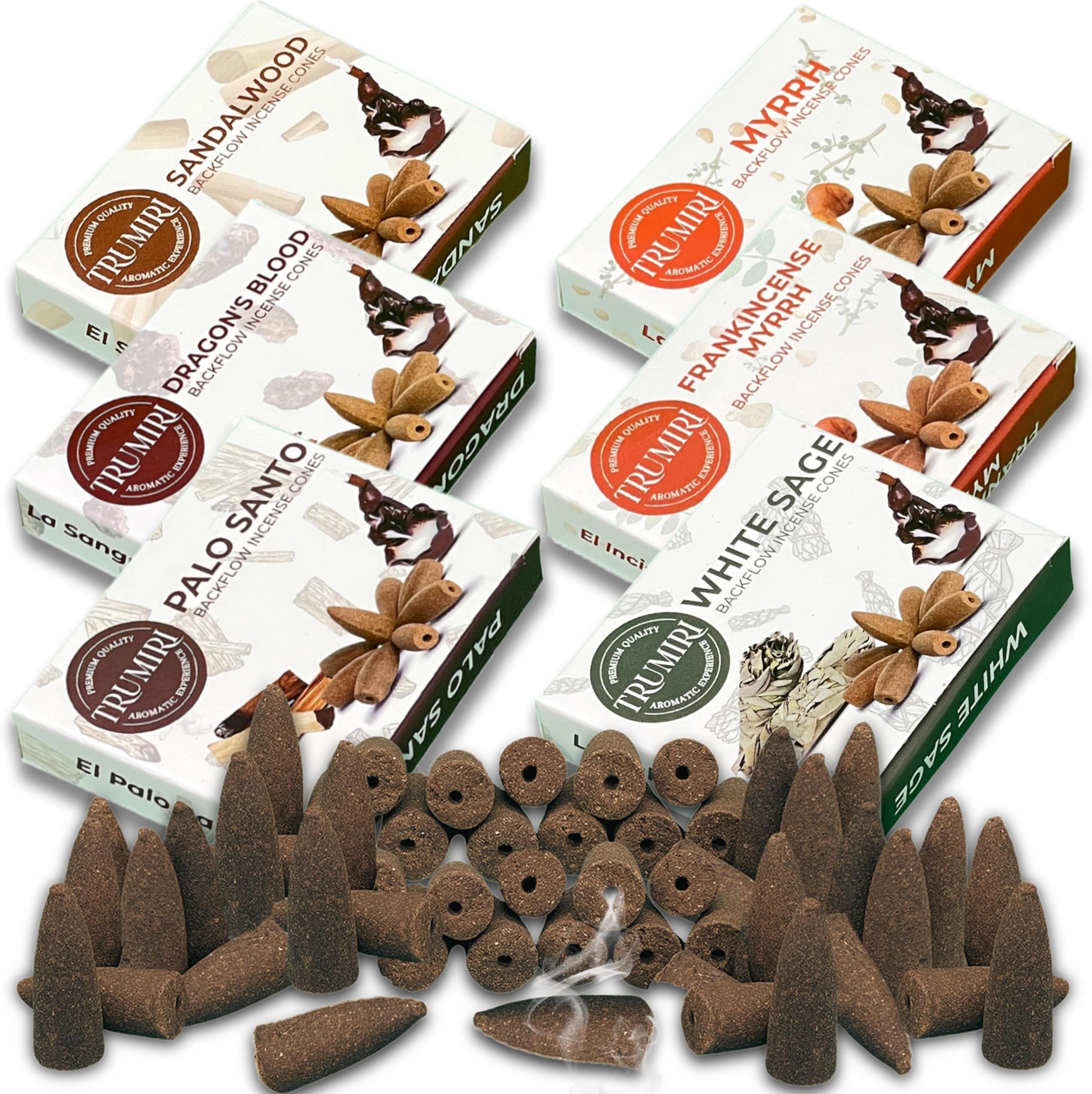 Woody - Backflow Incense Cones for Waterfall - Scented Inscents-Cones - Sandalwood, Dragons Blood, Palo Santo, White Sage - Insiensos Aromaticos - 6x10=60 Large Variety Pack - Back Flow Down Reverse