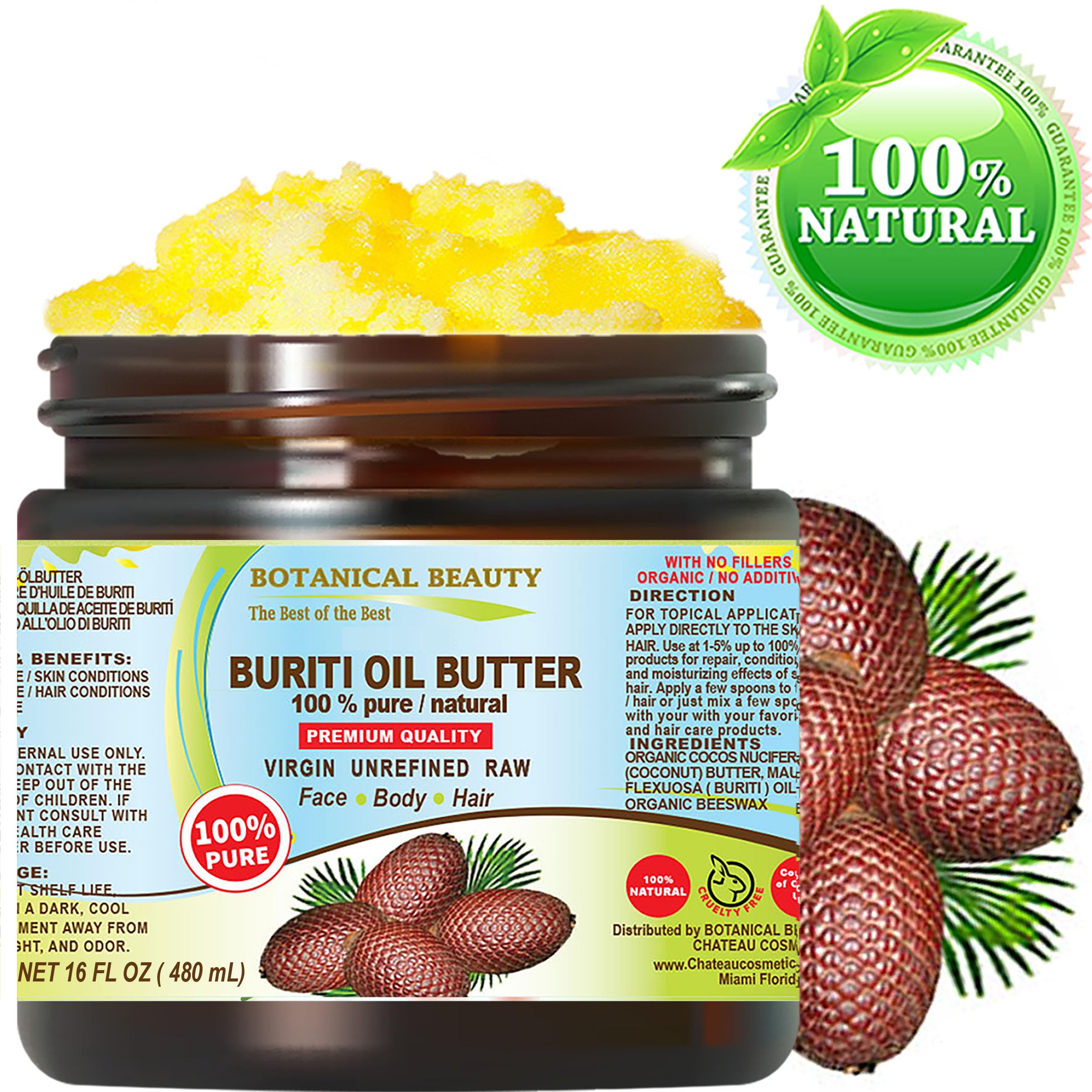 Botanical Beauty BURITI FRUIT OIL BUTTER Pure Natural Virgin Unrefined RAW 16 Fl. Oz.- 480 ml for FACE, SKIN, BODY, DAMAGED HAIR, NAILS. Natural sources of vitamin C and vitamin E