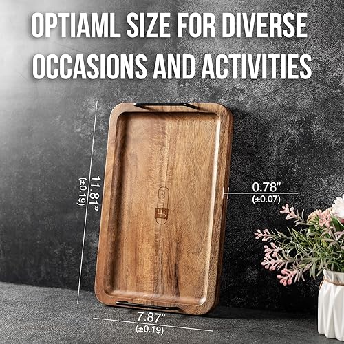 Miniatura 4 de James.F - Bandeja otomana para servir mesa de café, tablas de servir charcutería con asas, bandejas grandes de madera de acacia y platos