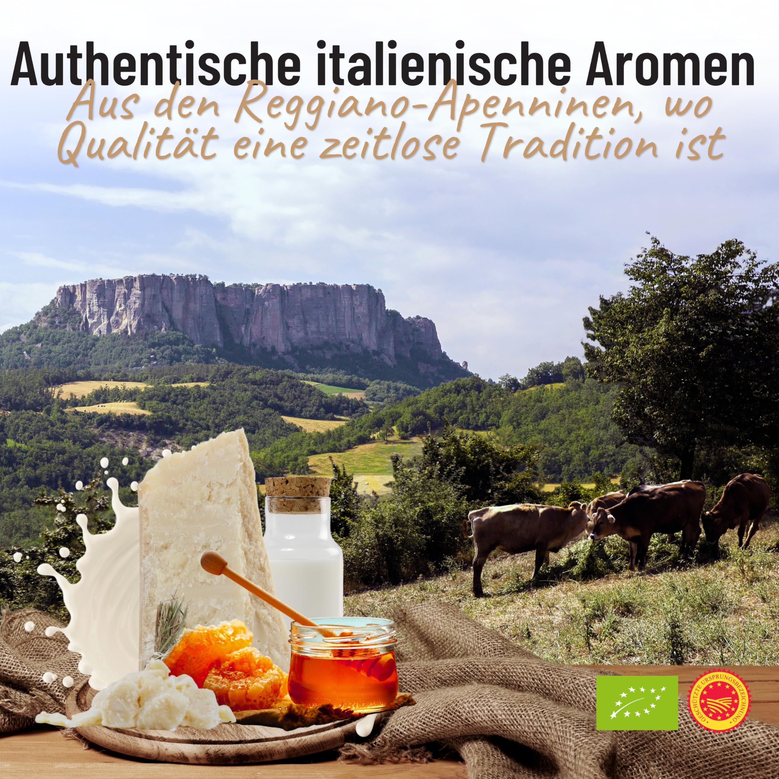 GUSTOEMILIA Gourmetkorb Käse & Honig - Reifer Parmigiano Reggiano (2 x 500 g) & Honig (3 x 50 g), Kastanien-, Linden- und Honigtauhonig - Italienischer Spezialitäten Geschenkkorb für alle Anlässe