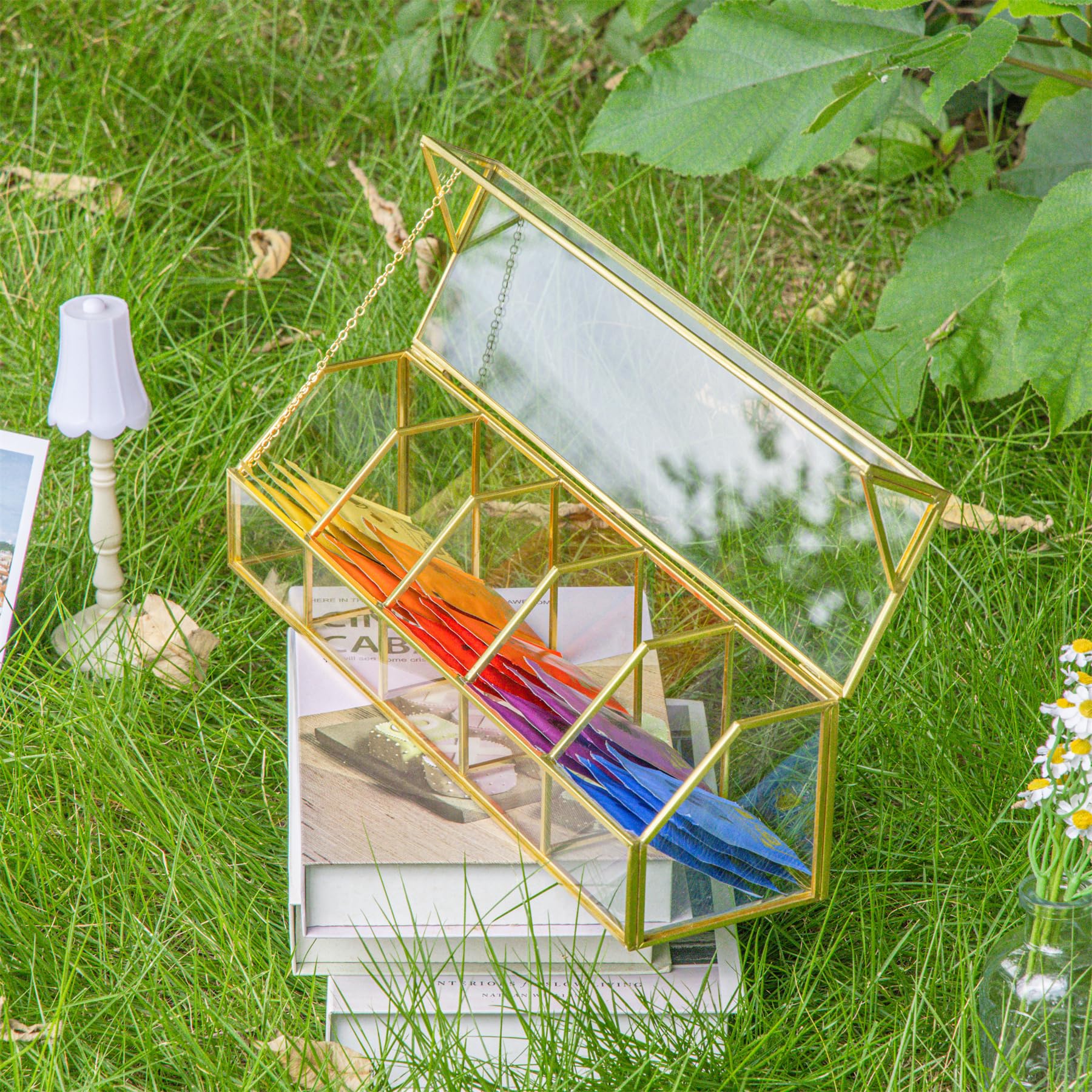 NCYP Organiseur de sachets de thé en verre avec 5 compartiments, comptoir d'intérieur en laiton avec couvercle, boîte de rangement, décoration, faite à la main (boîte en verre uniquement)